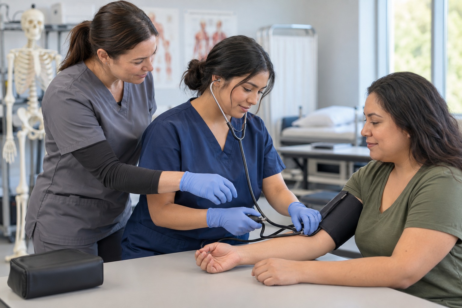 Medical-assistant training: an instructor demonstrating skills in a training space