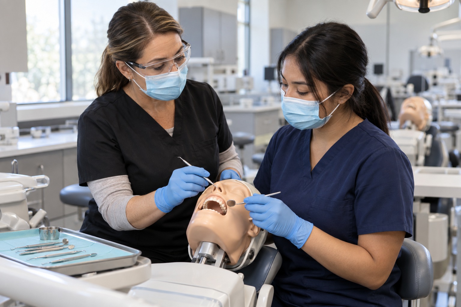 Dental-assistant training: an instructor demonstrating skills in a training space
