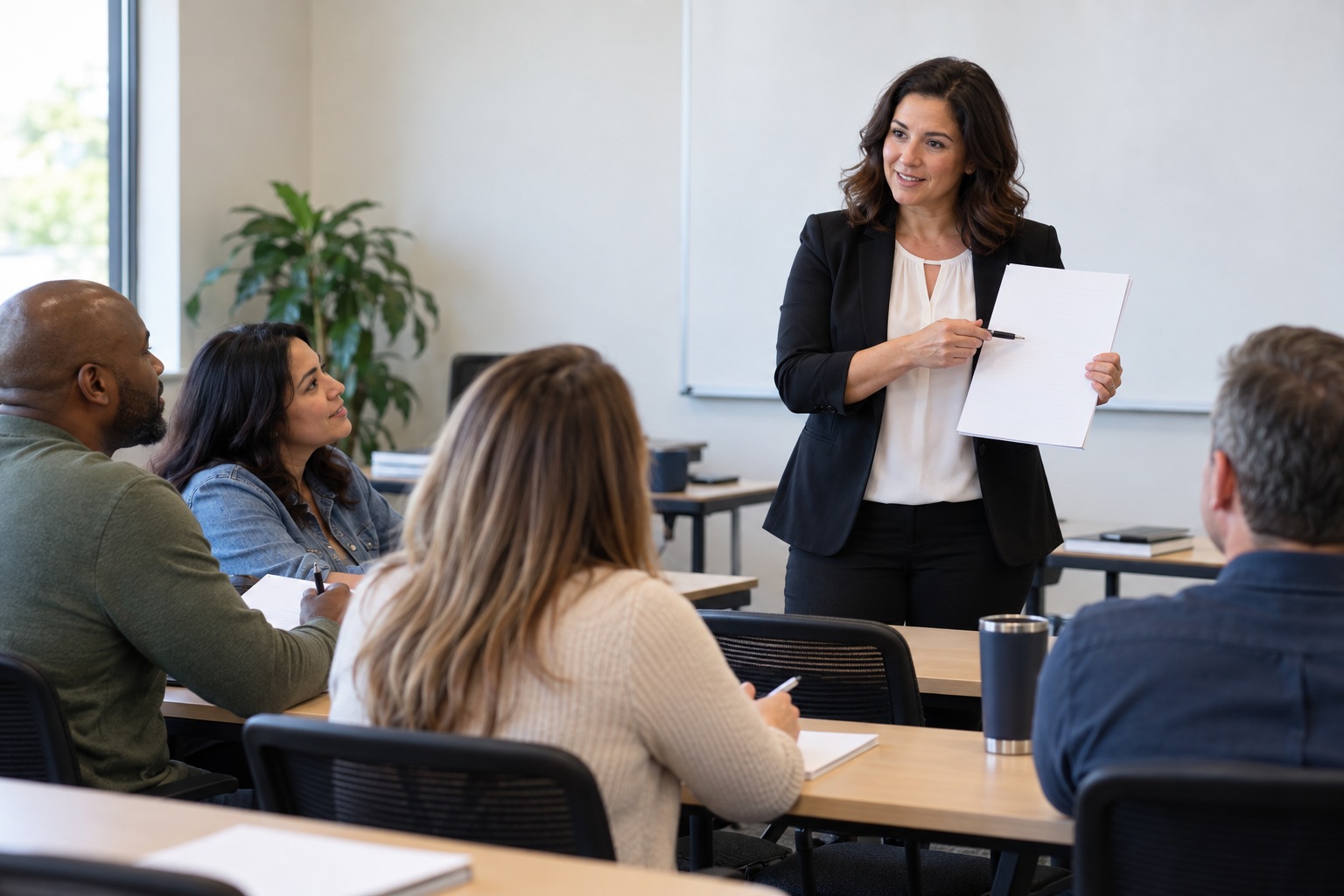 Insurance licensing school: an instructor demonstrating skills in a training space