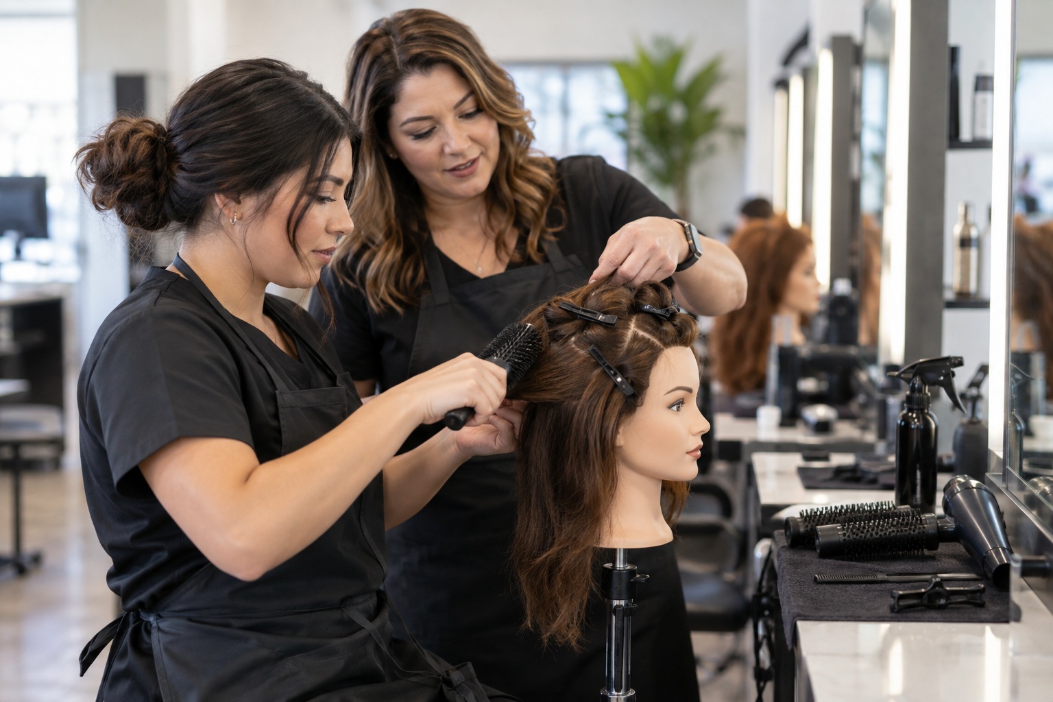 Cosmetology school: an instructor demonstrating skills in a training space