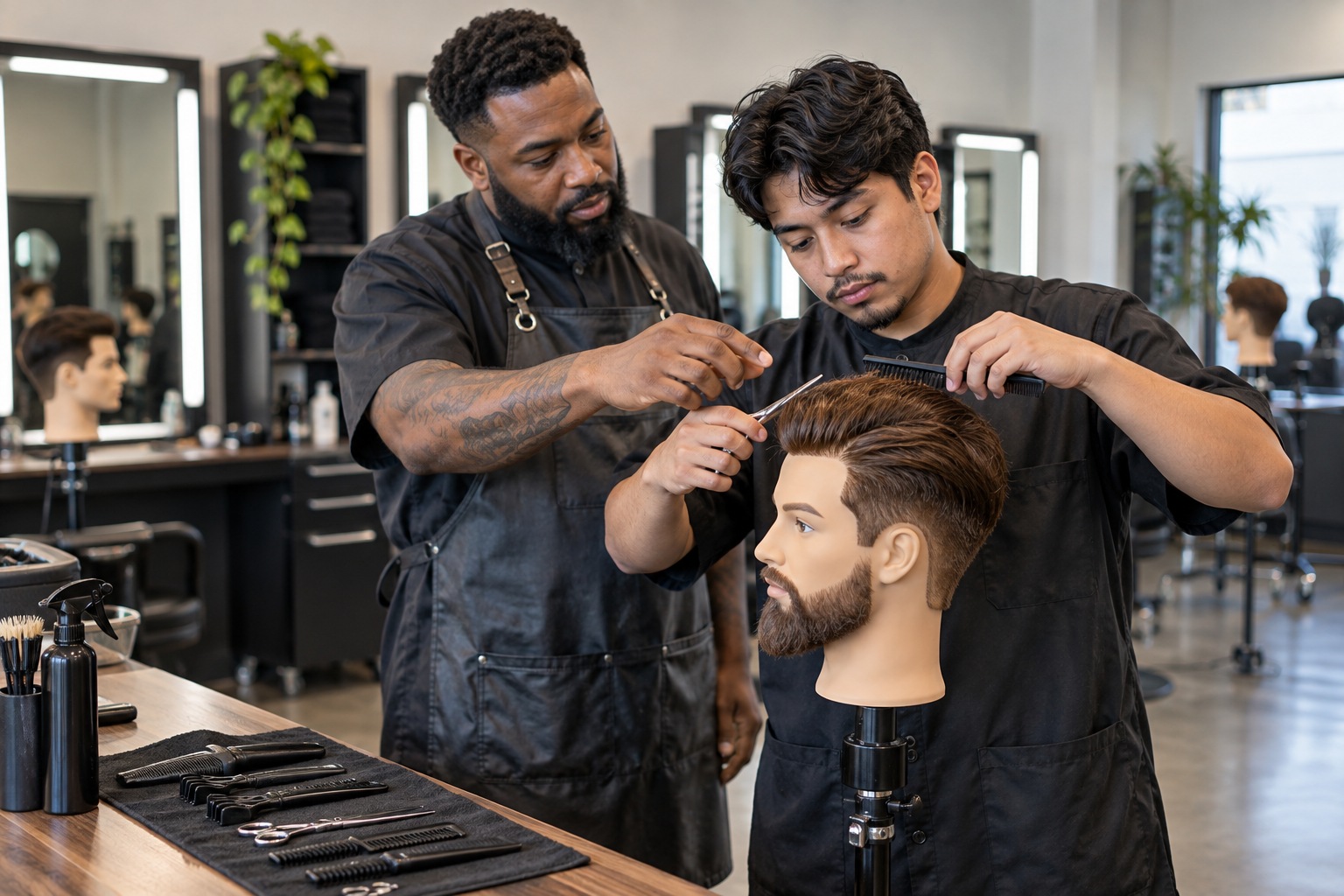 Barber school: an instructor demonstrating skills in a training space