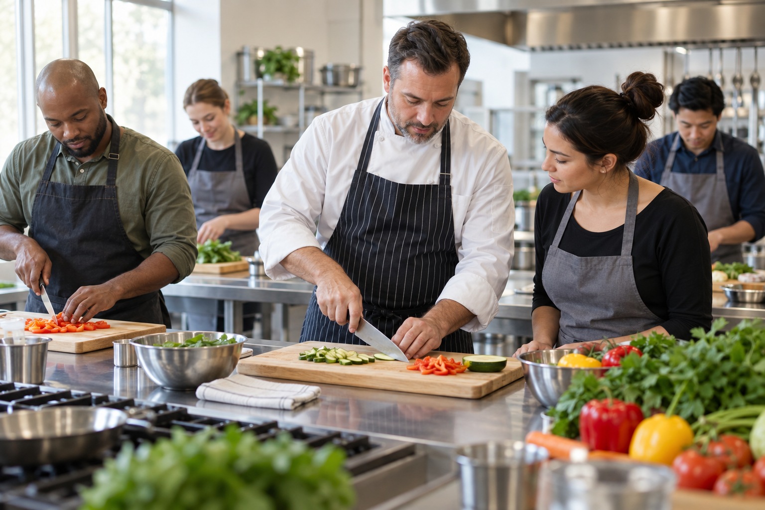 Culinary school: an instructor demonstrating skills in a training space