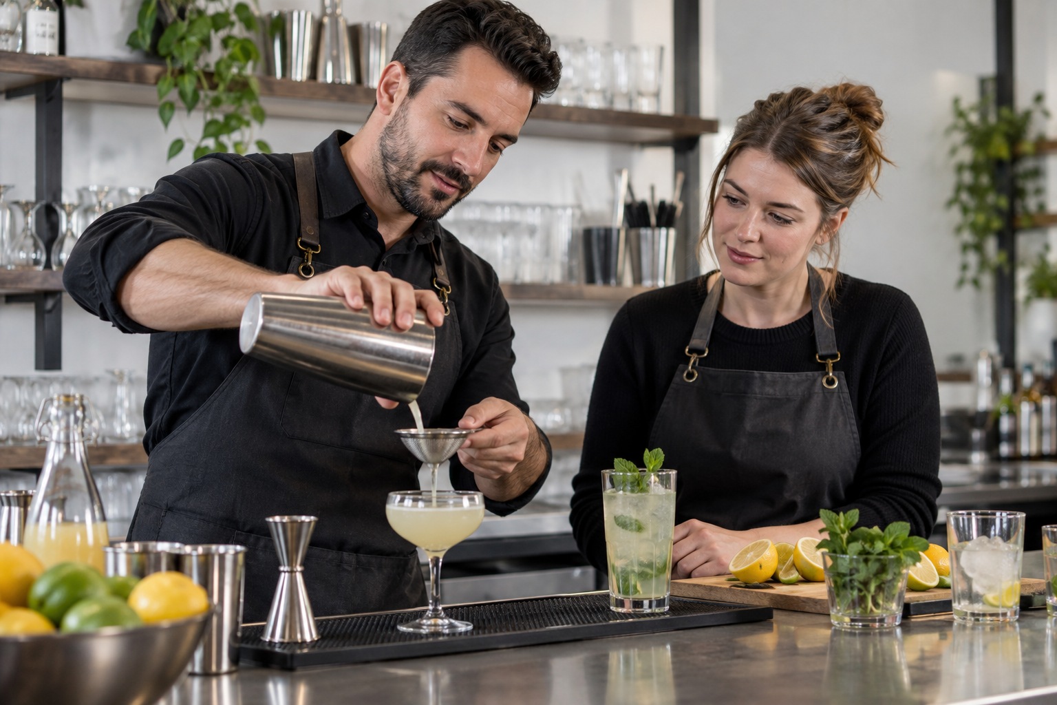 Bartending school: an instructor demonstrating skills in a training space