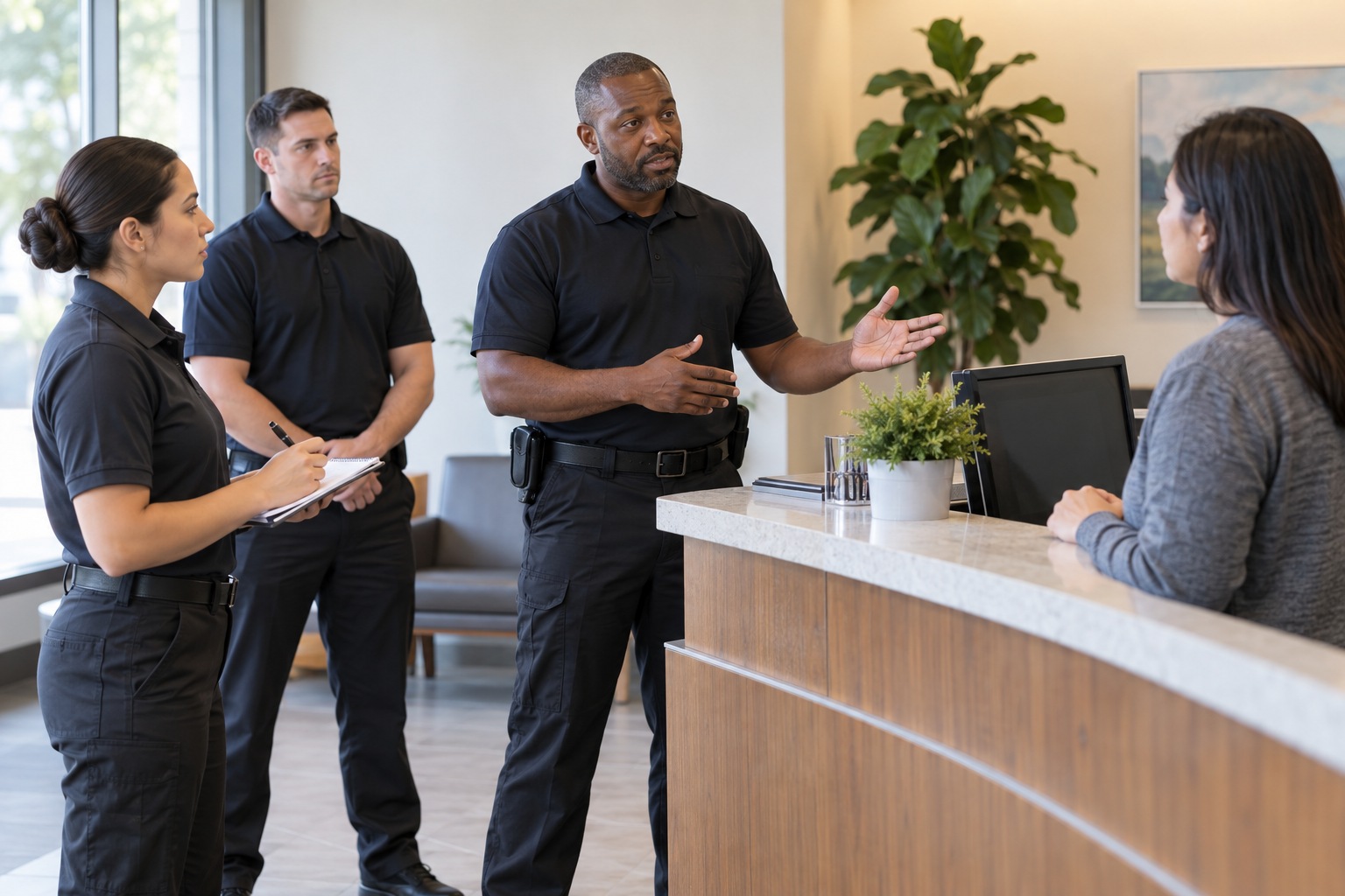 Security-guard training: an instructor demonstrating skills in a training space