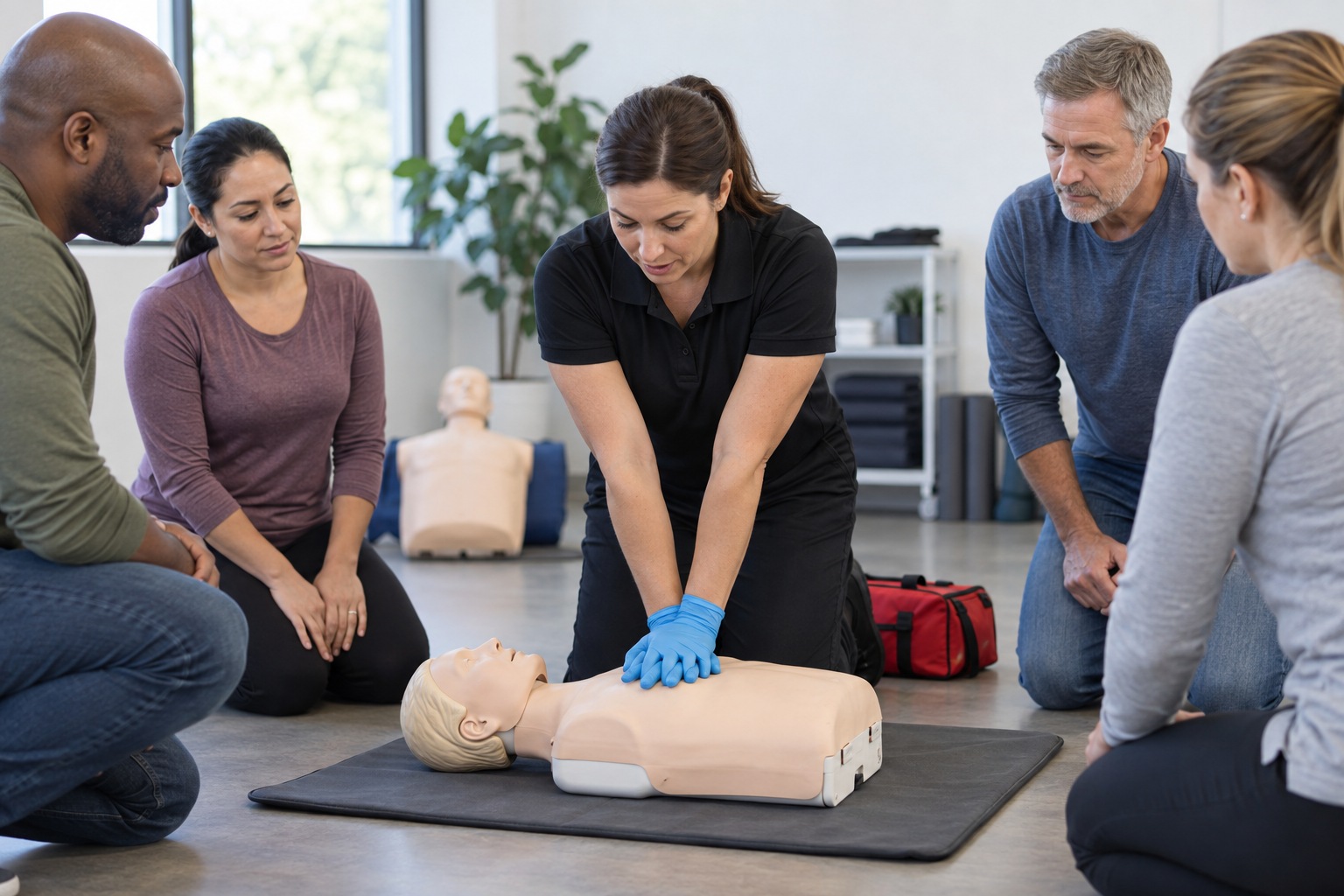 First-aid and CPR training: an instructor demonstrating skills in a training space
