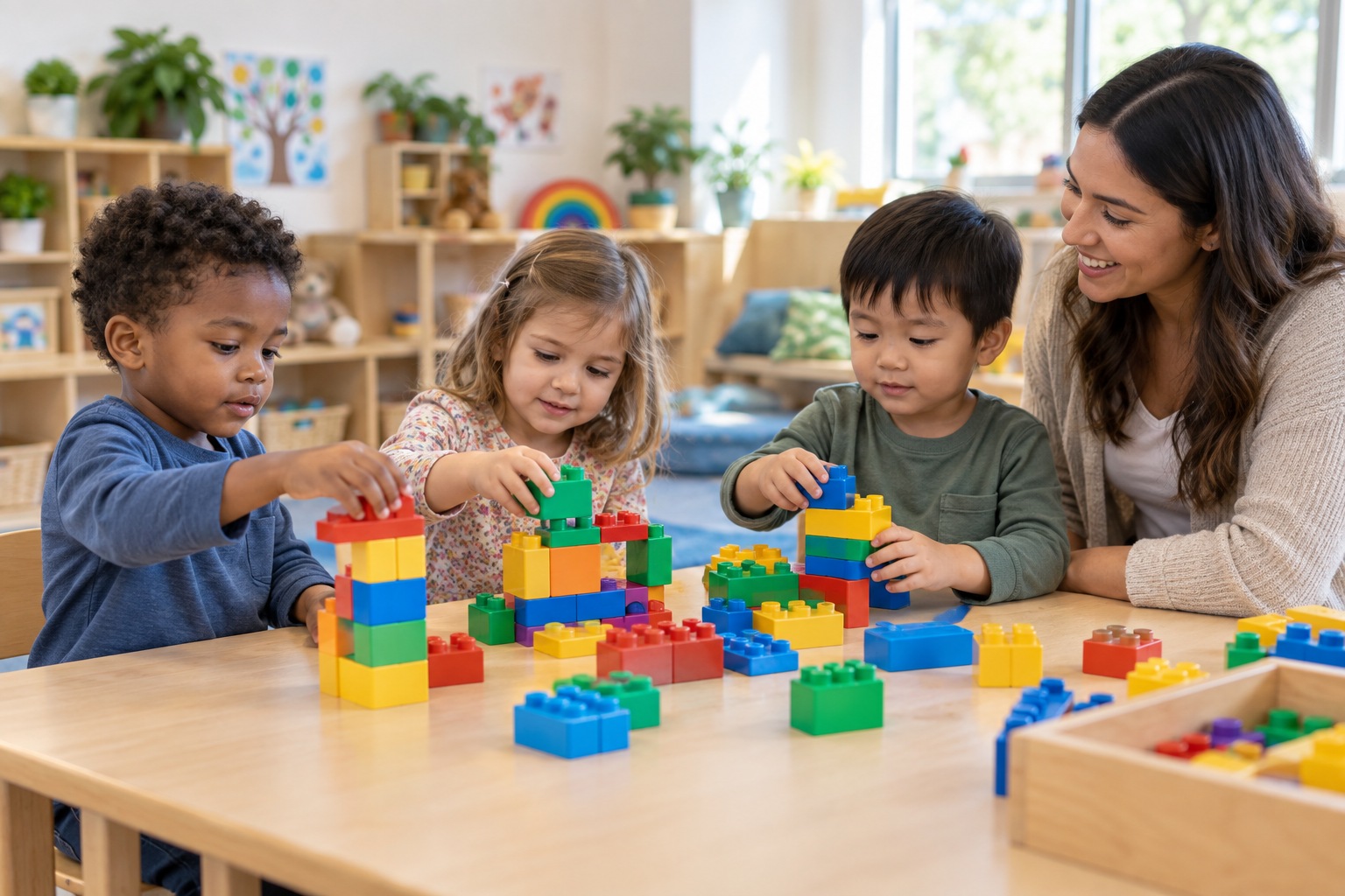 Preschool: young children and a teacher doing a hands-on activity