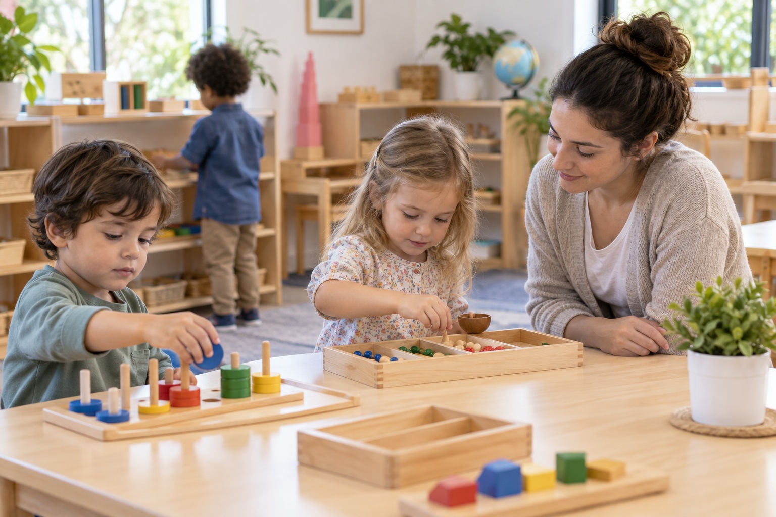 Montessori school: young children and a teacher doing a hands-on activity