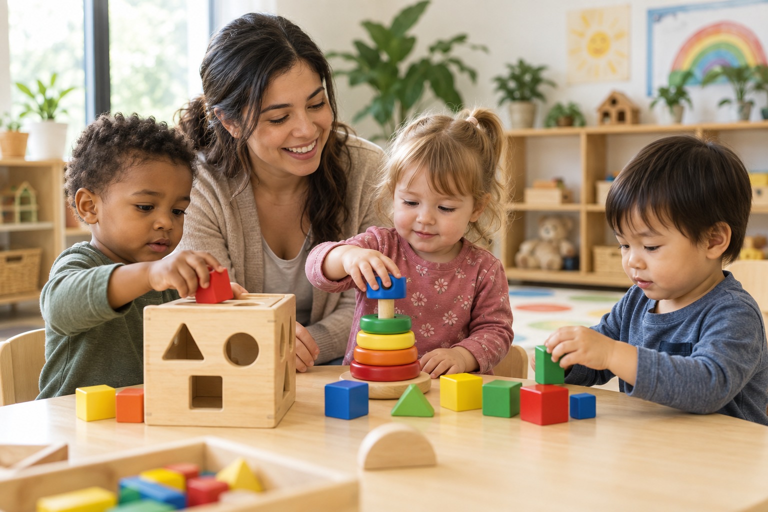 Early-learning center: young children and a teacher doing a hands-on activity