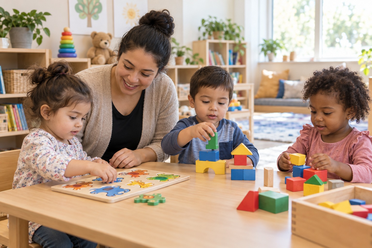 Daycare learning program: young children and a teacher doing a hands-on activity