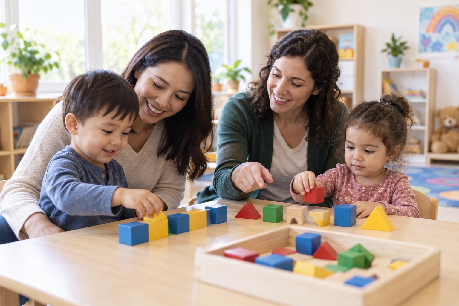 Clases para padres e hijos: familias con niños pequeños realizan una actividad práctica con personal docente