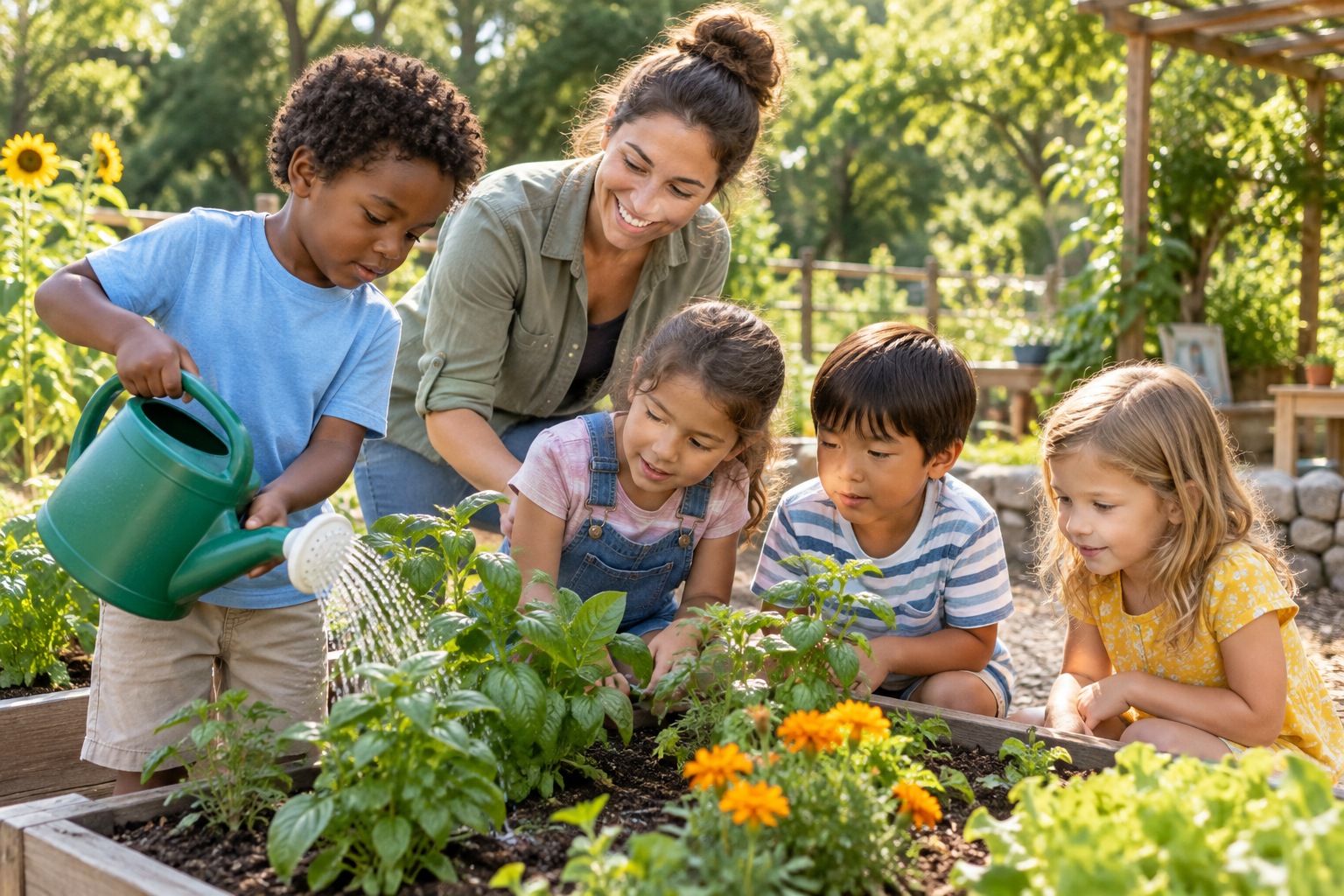 Educational summer camp: children gardening outdoors with a counselor