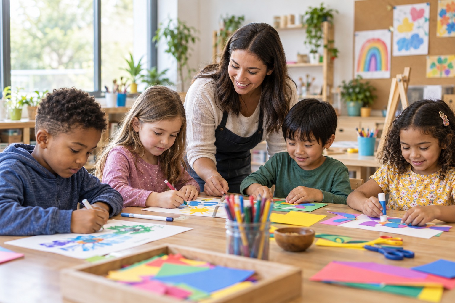 Centro de enriquecimiento infantil: niños pequeños y personal docente realizan una actividad práctica