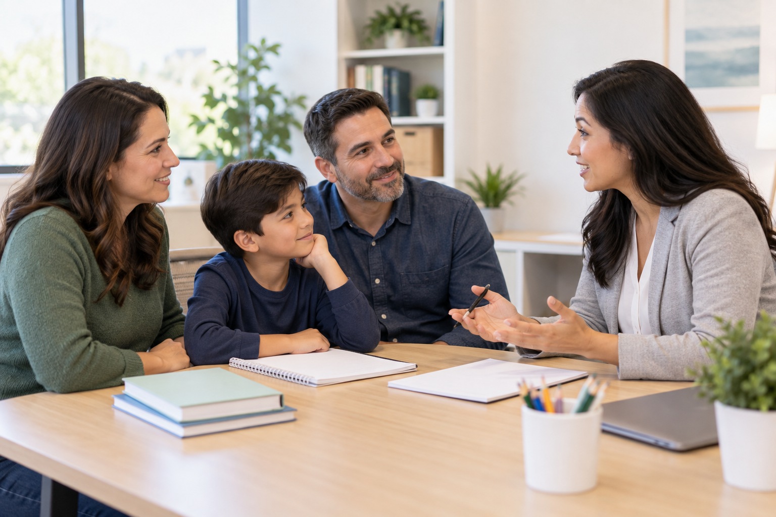 Consultoría educativa para familias: una profesional se reúne con madre, padre e hijo