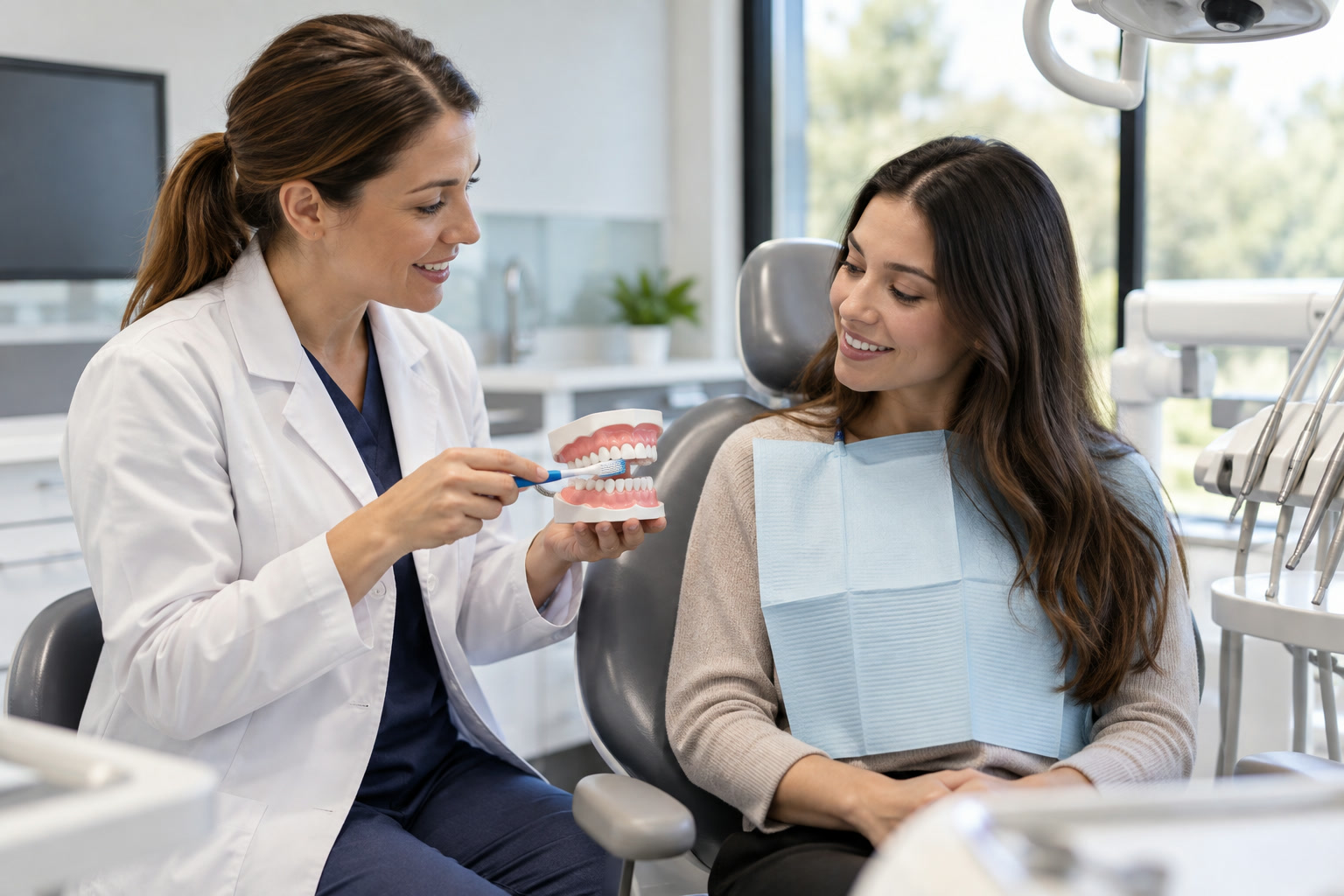 A dentist explaining preventive care beside a modern dental chair
