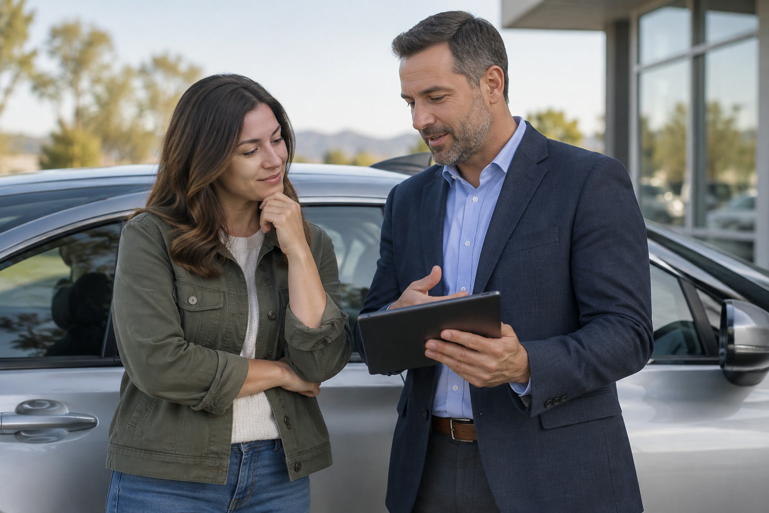 An auto insurance agent talking with a customer beside a parked car