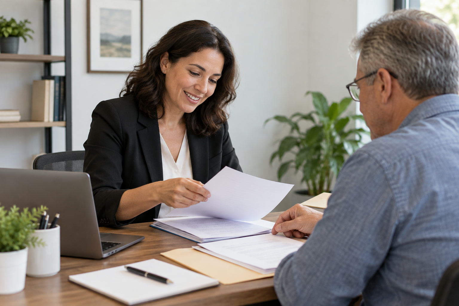 A tax professional helping a client organize blank forms at a desk