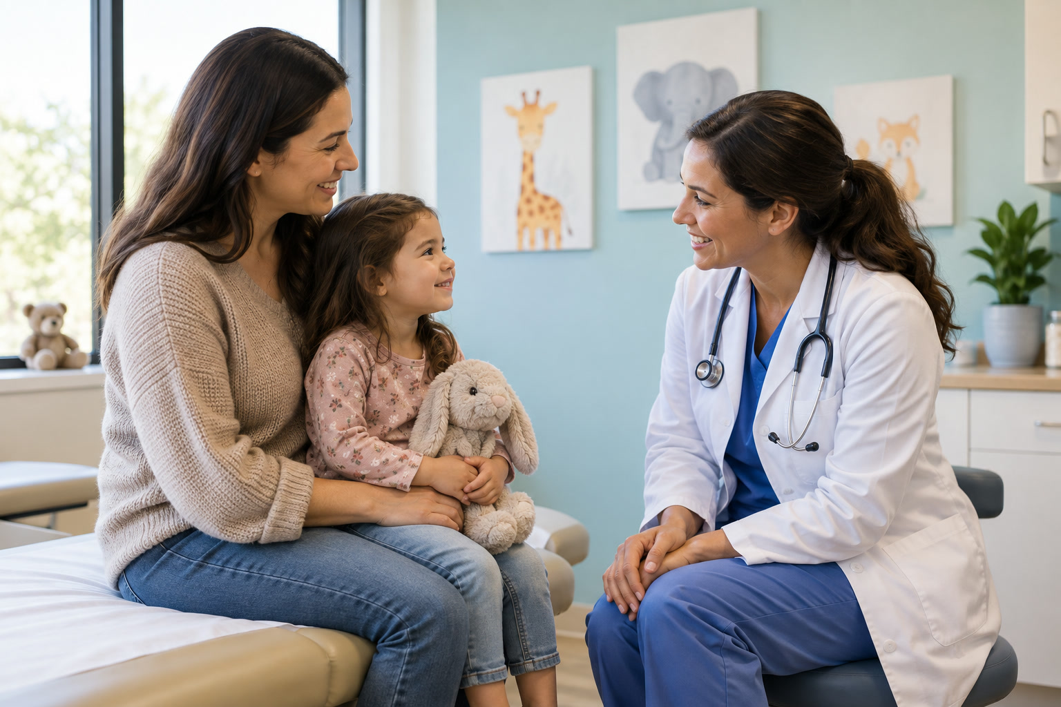 A pediatric clinician talking warmly with a parent and child in an exam room
