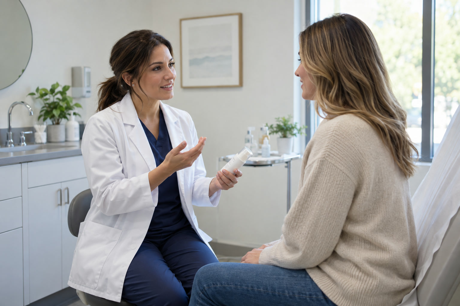 A dermatologist discussing skin care with an adult in a consultation room