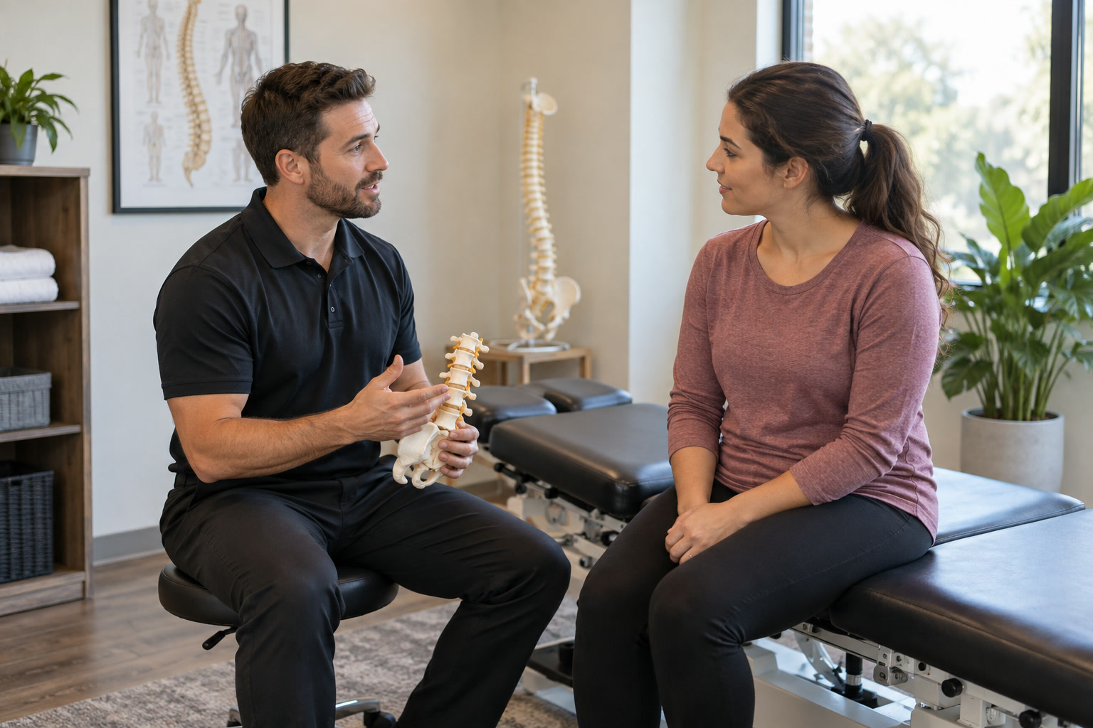 A chiropractor speaking with an adult client in a treatment room