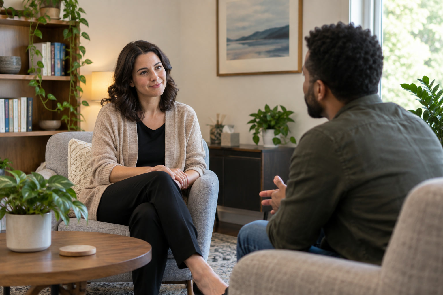 Una terapeuta y un cliente adulto conversan con calma en una oficina cómoda