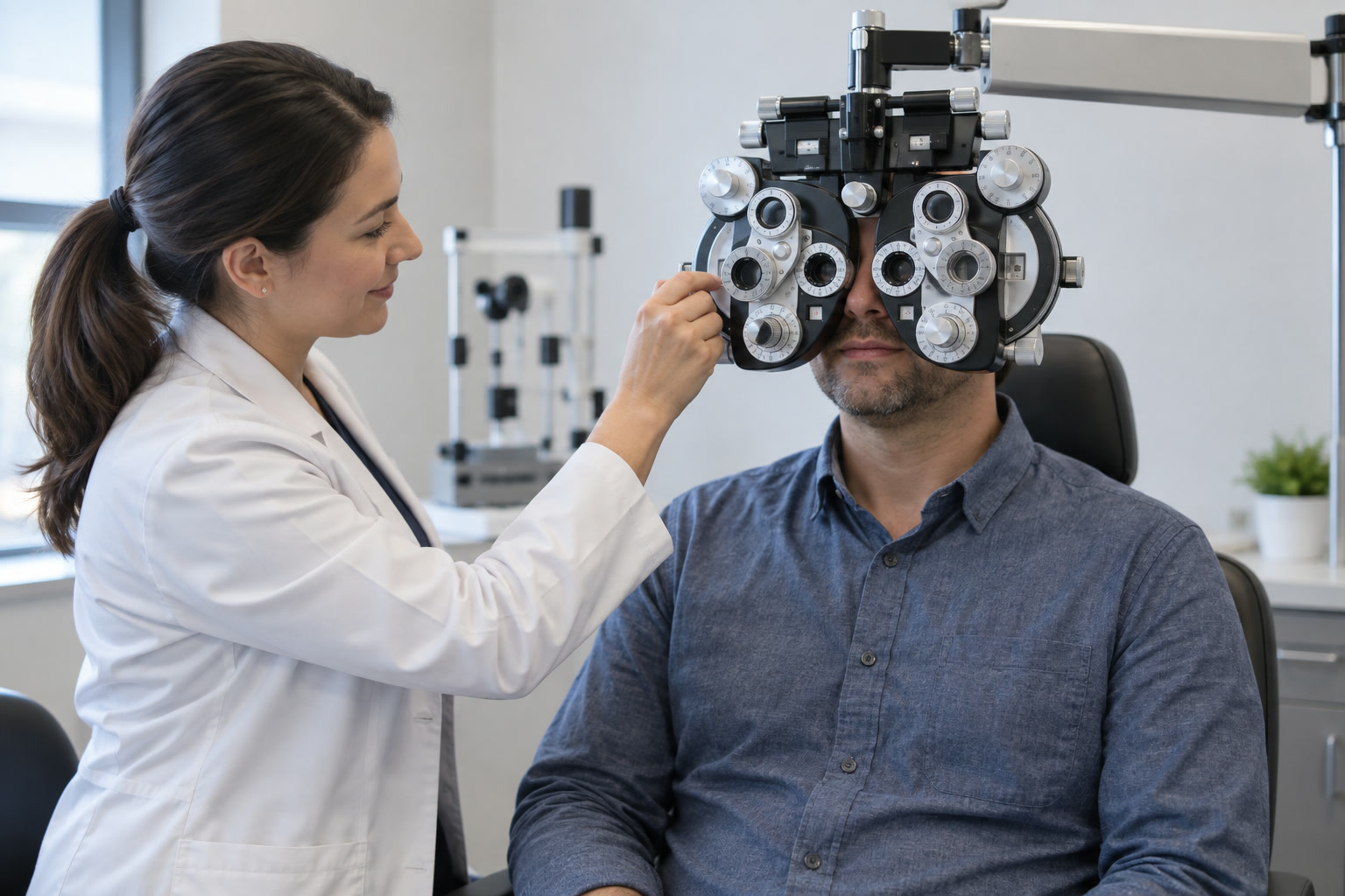 An optometrist helping an adult with a routine vision check