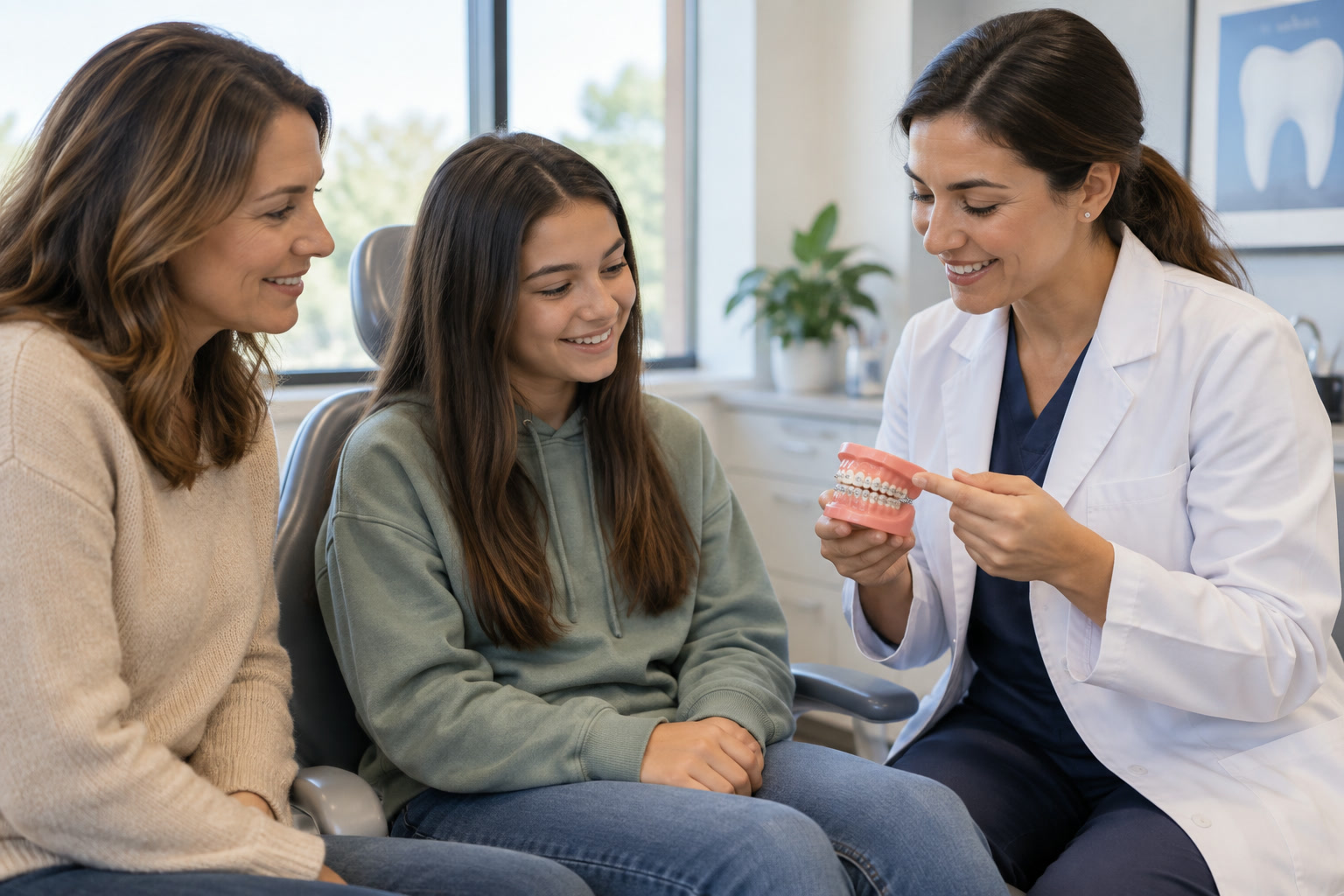 An orthodontist explaining a dental model to a teen and a parent