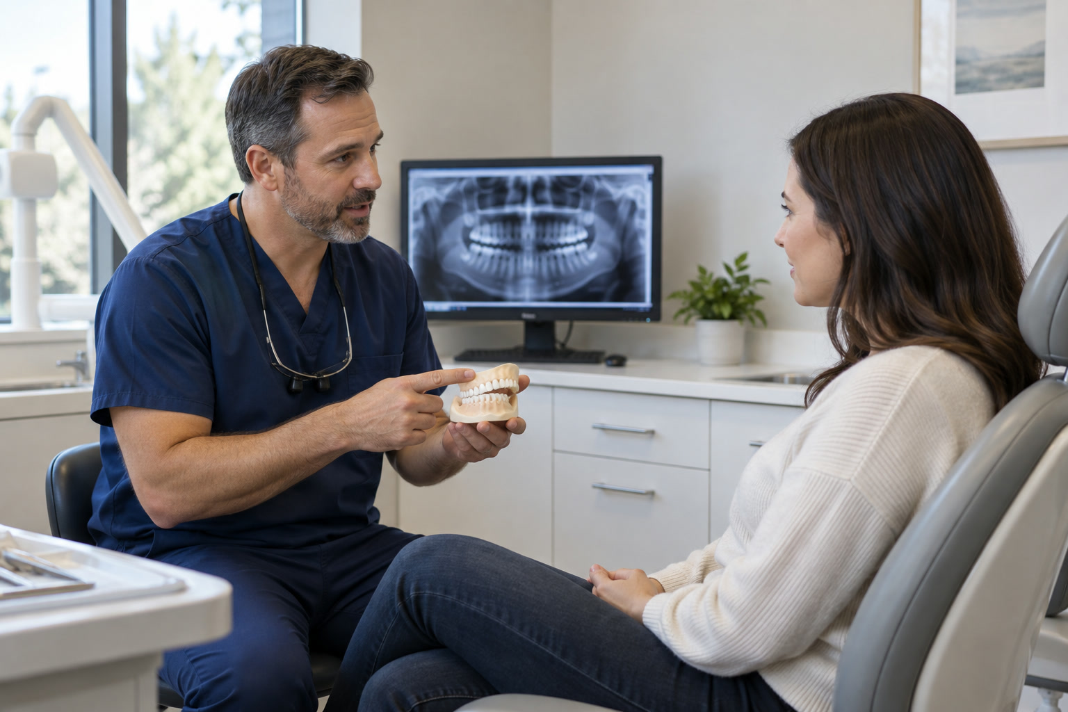 An oral surgeon consulting with an adult visitor in a clinic office