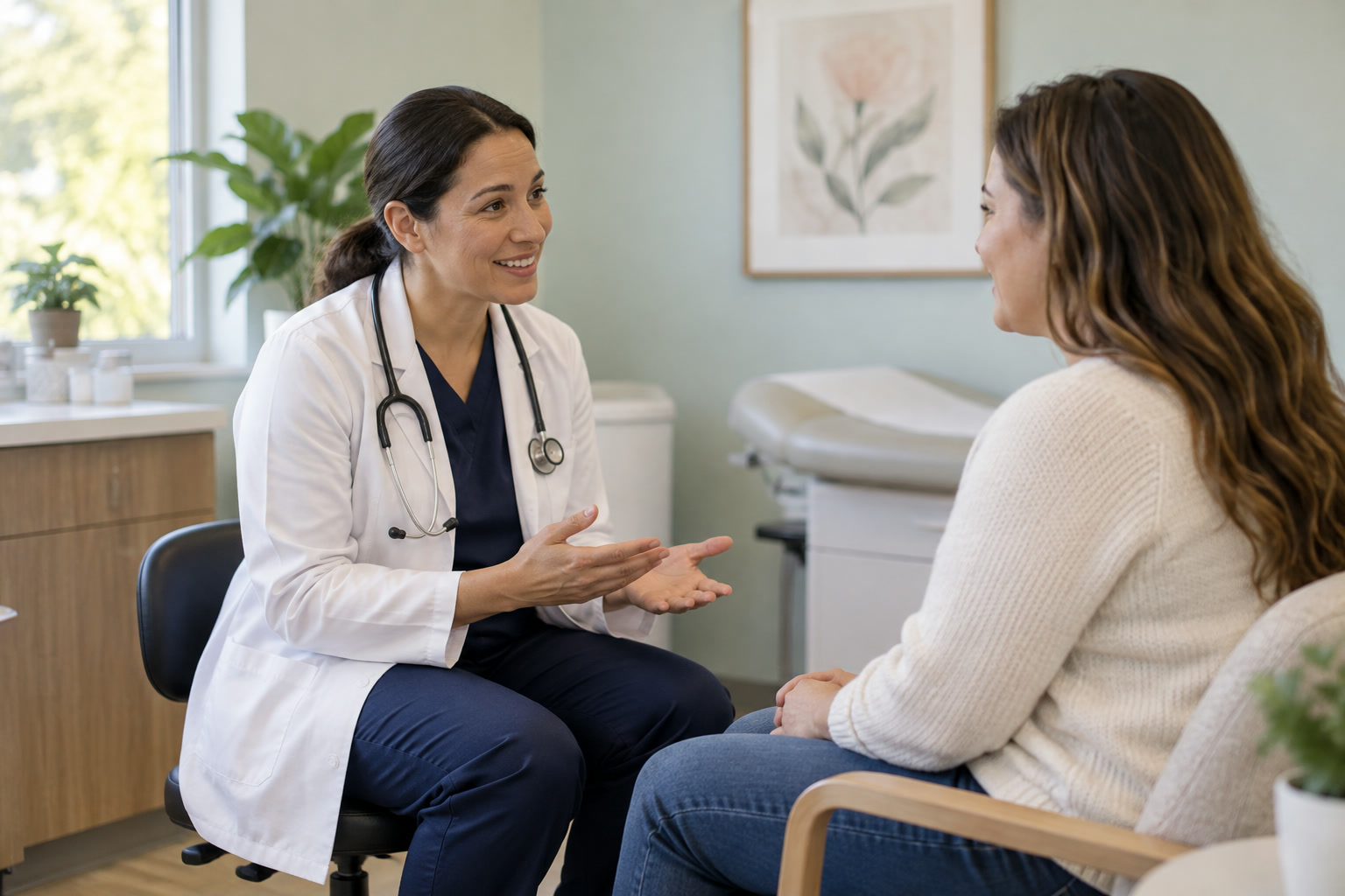 Una profesional de salud de la mujer conversa con una paciente adulta en un consultorio