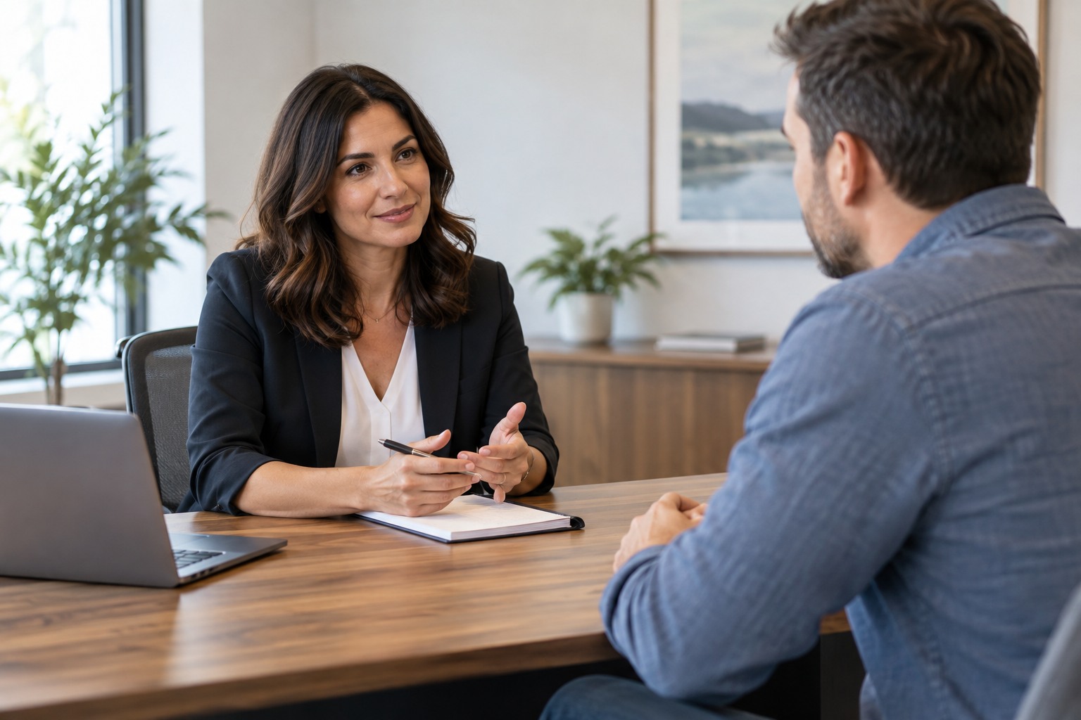 A life insurance advisor having a thoughtful conversation with an adult