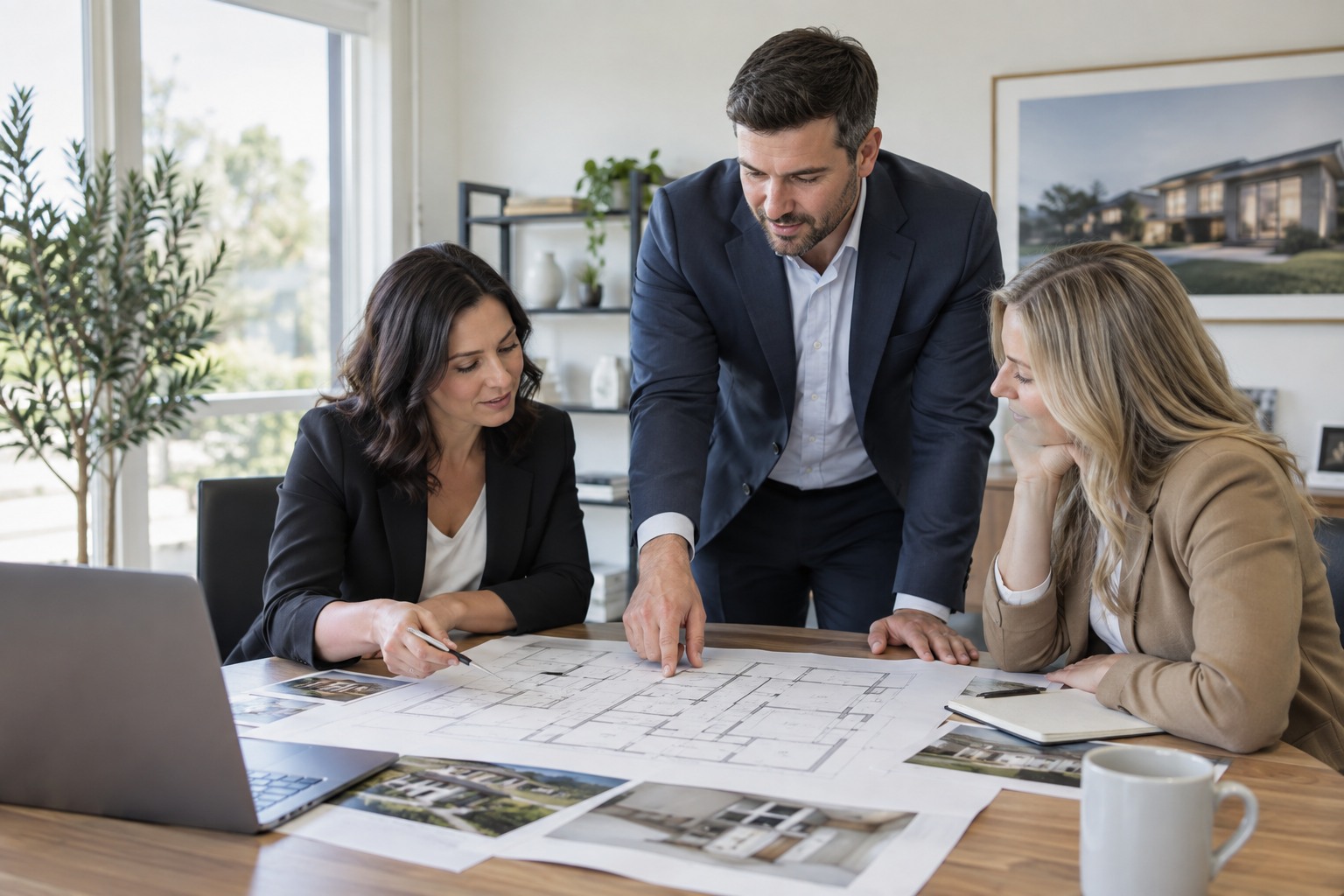 Un pequeño equipo inmobiliario conversa sobre planes en una oficina luminosa
