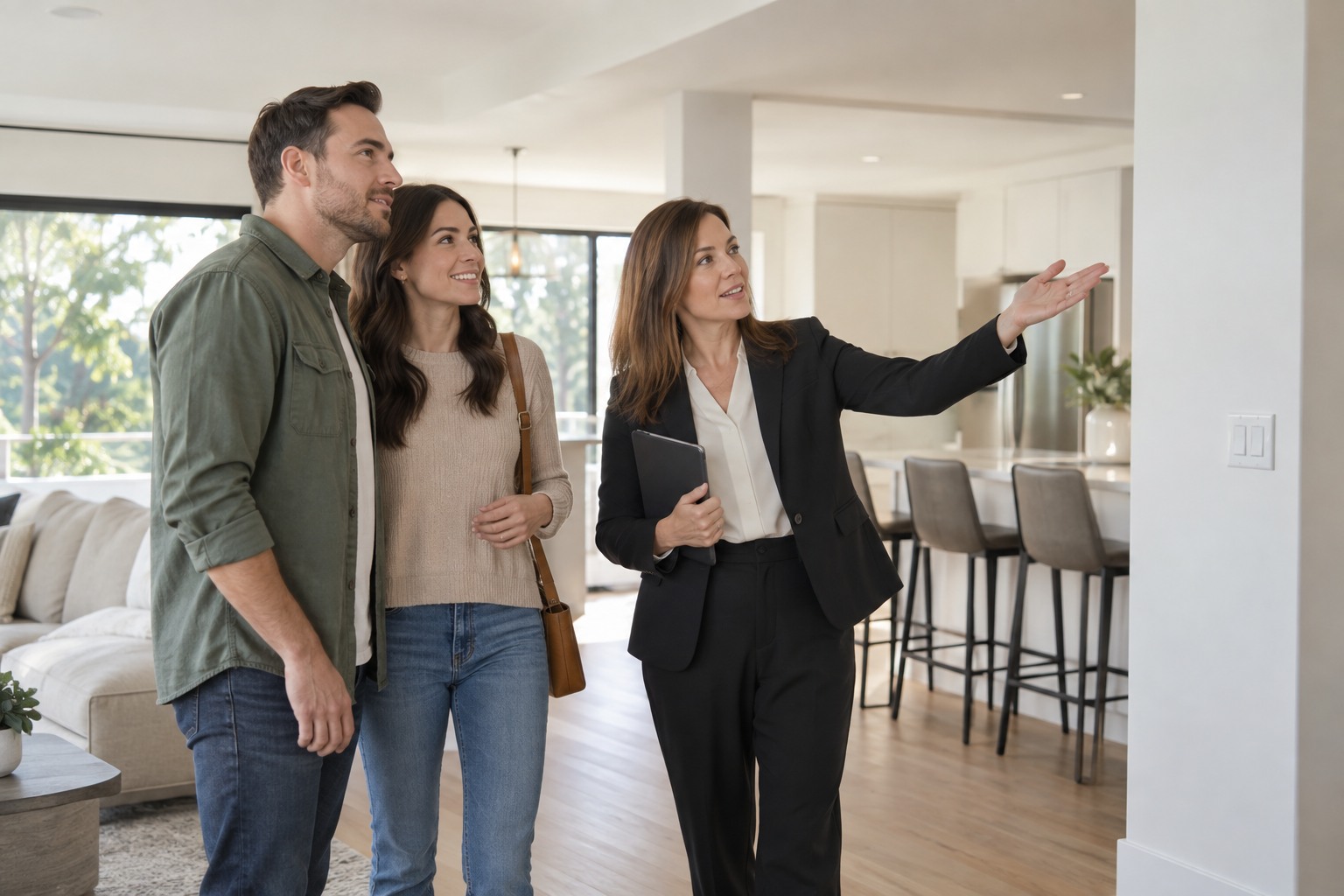 A buyer's agent showing a bright home to a couple