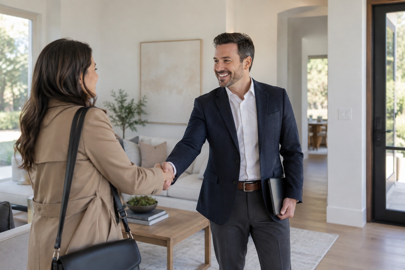 A real estate agent greeting a client in an elegant home interior
