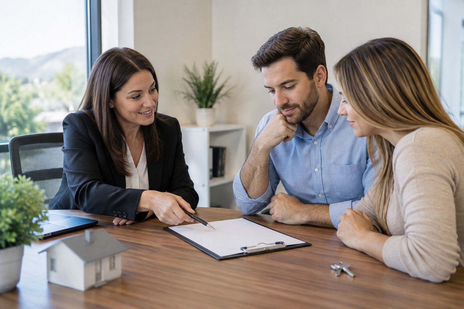A mortgage lender reviewing a blank worksheet with two borrowers