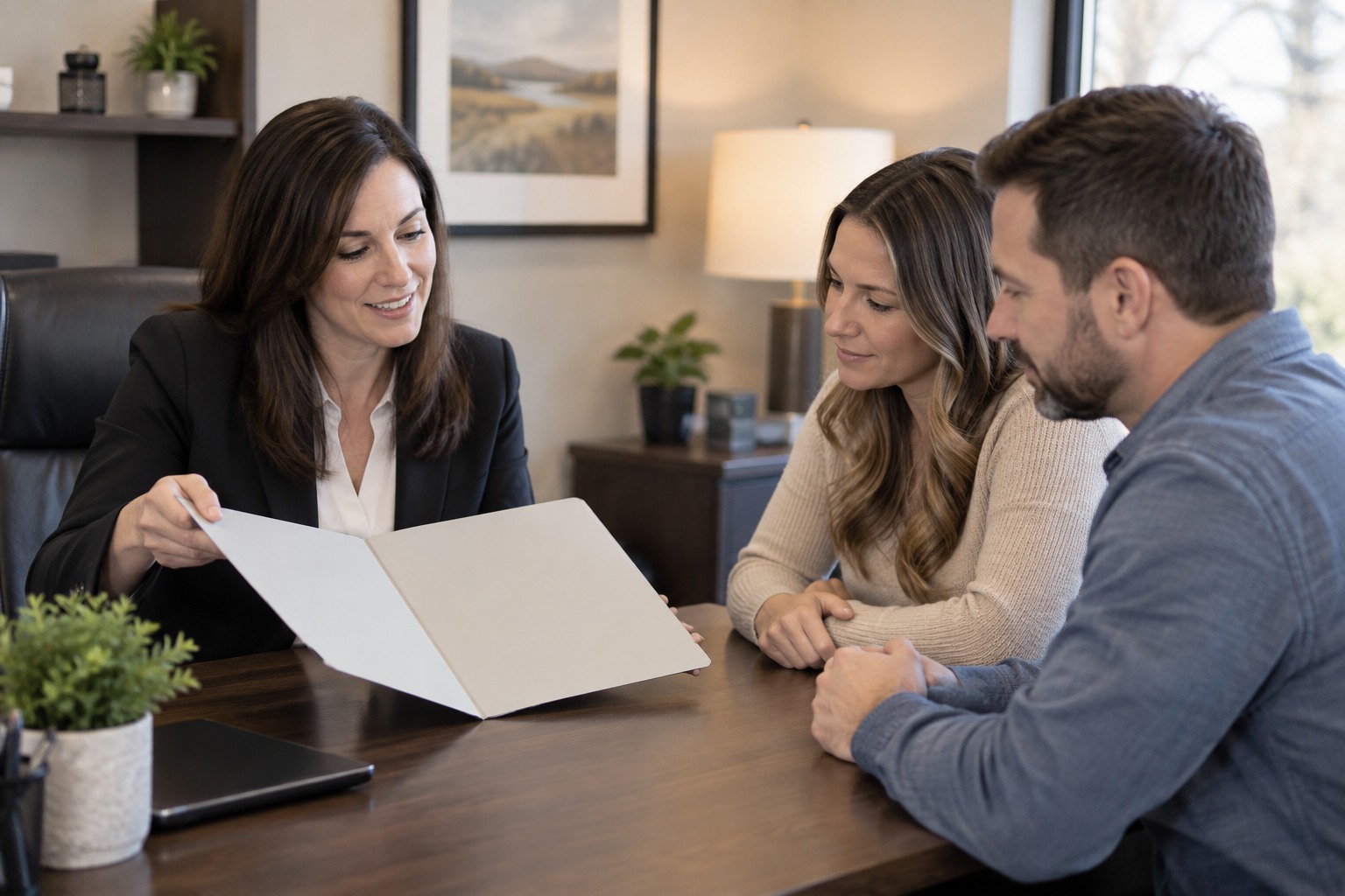 A title professional explaining a closing folder to homebuyers
