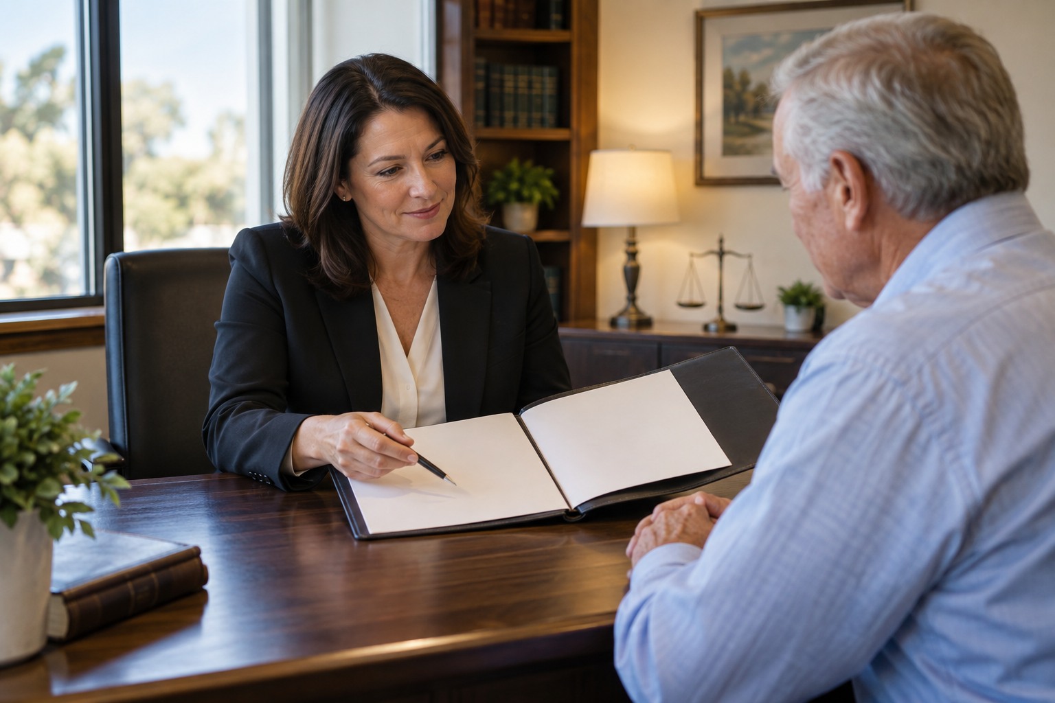 An estate-planning attorney discussing a planning folder with a client