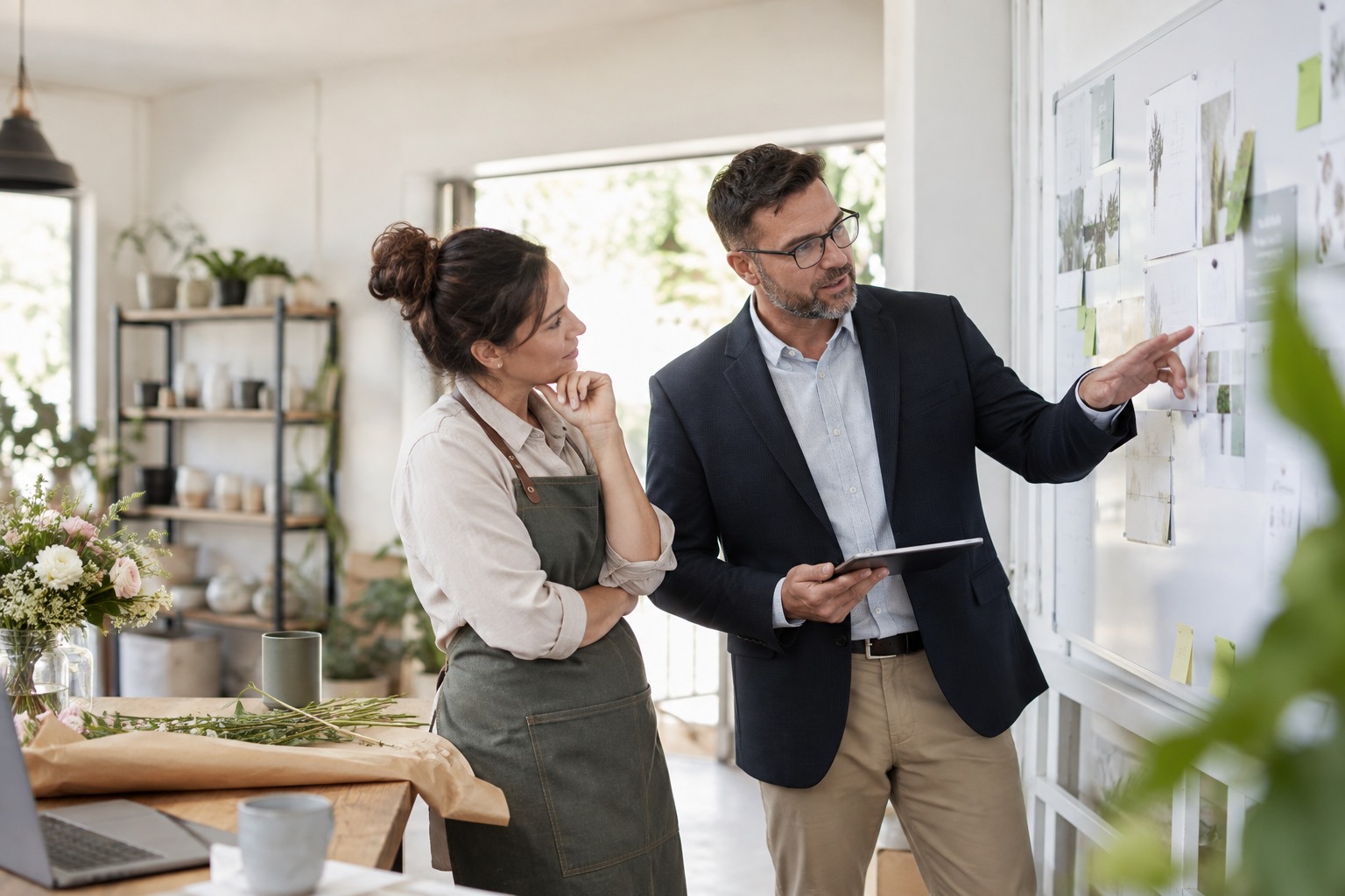 A business consultant and a local owner reviewing a planning board