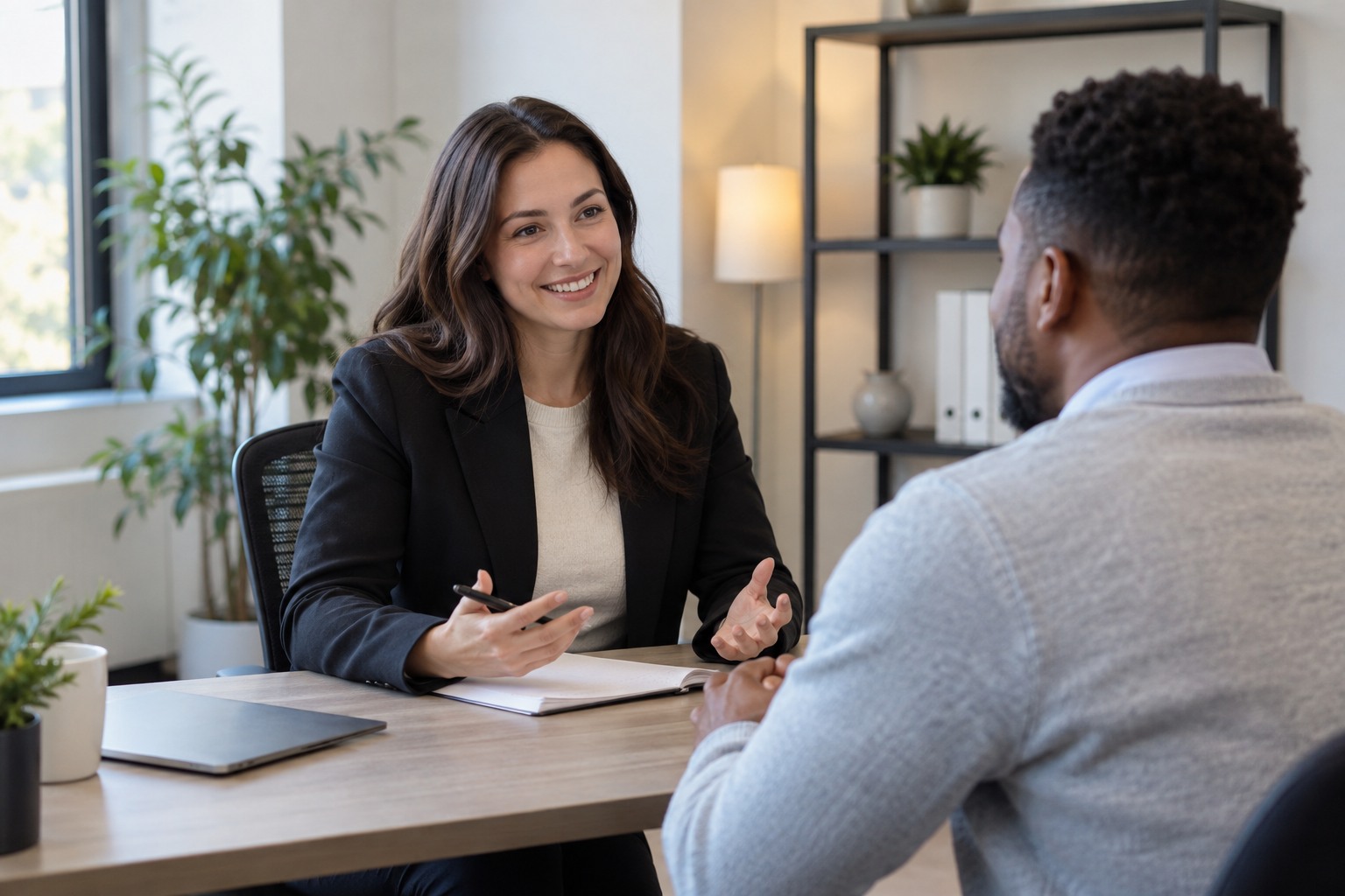 A recruiter talking with a job candidate in a welcoming office