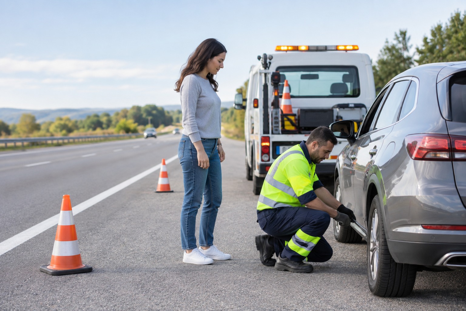 Un técnico de asistencia vial ayuda a una conductora junto a un vehículo en un acotamiento amplio