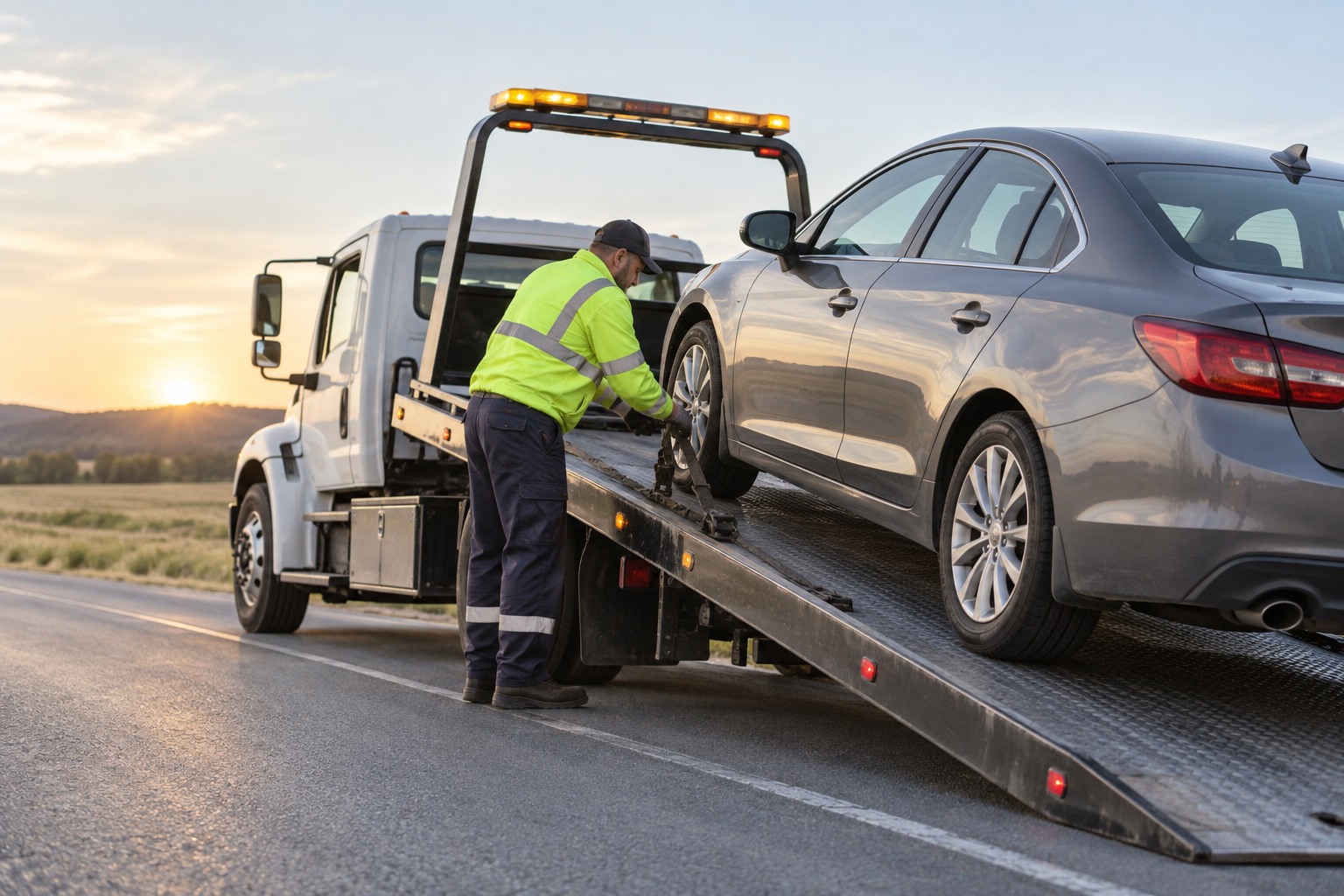Una grúa carga un auto averiado en una orilla de carretera segura
