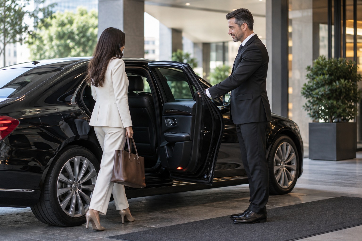 A driver beside a dark sedan at a hotel curb