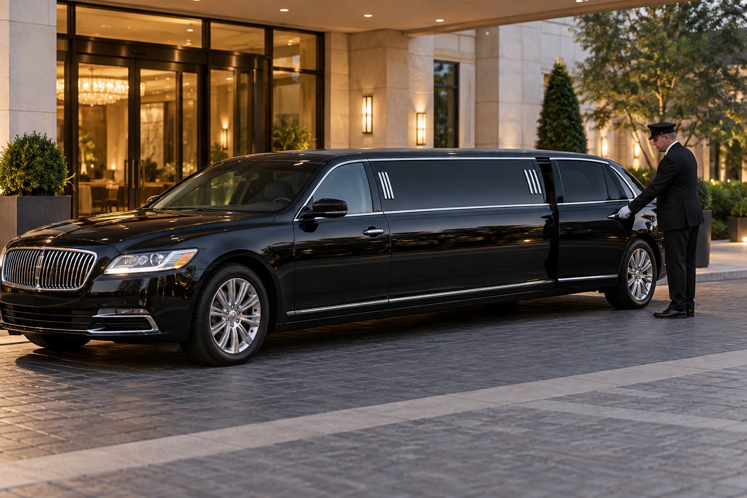 A limousine driver preparing for a pickup at an event entrance