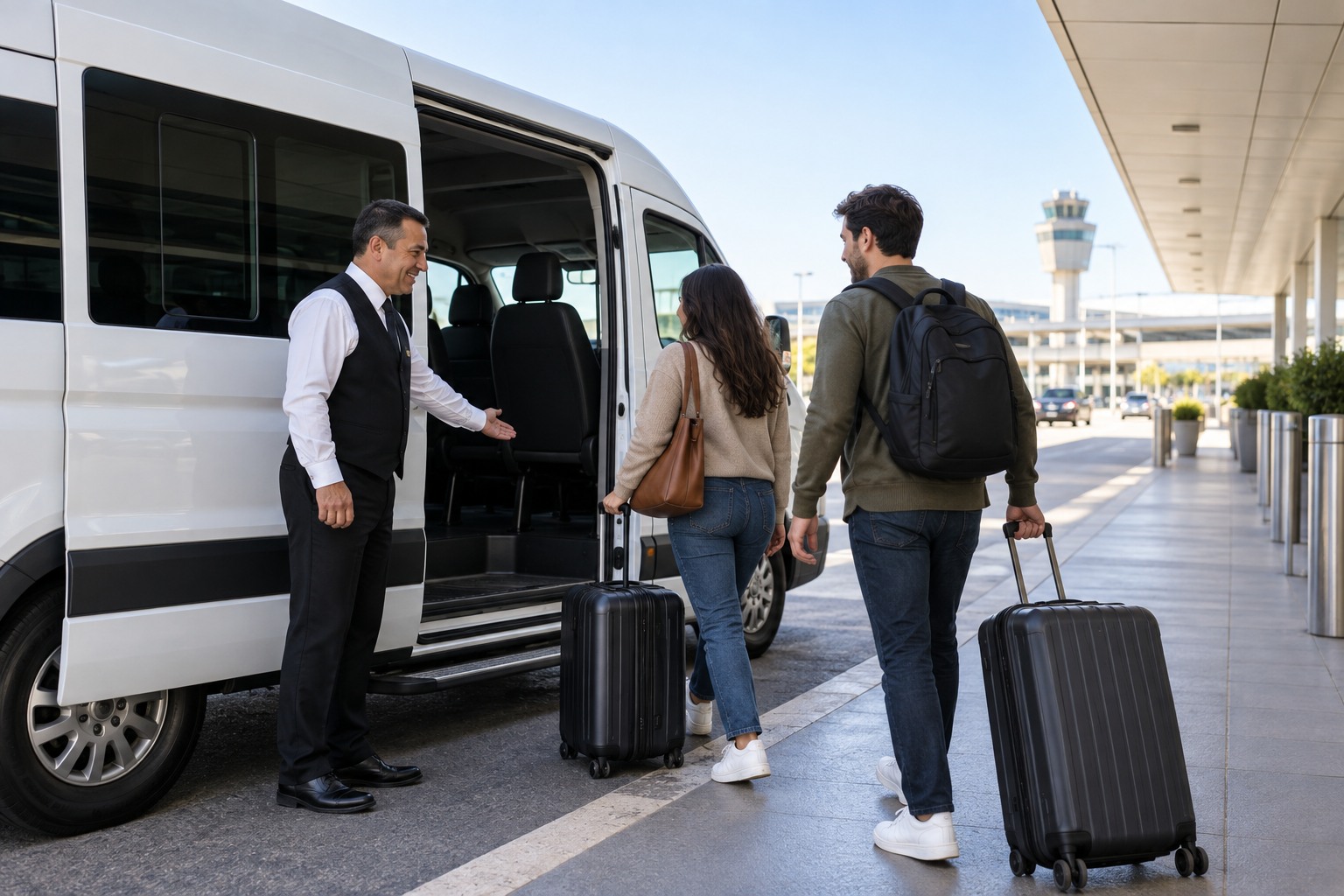 A passenger shuttle and its driver in an airport loading area
