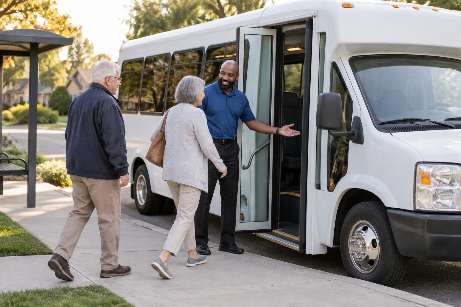 A community shuttle stopped at a neighborhood stop with its driver
