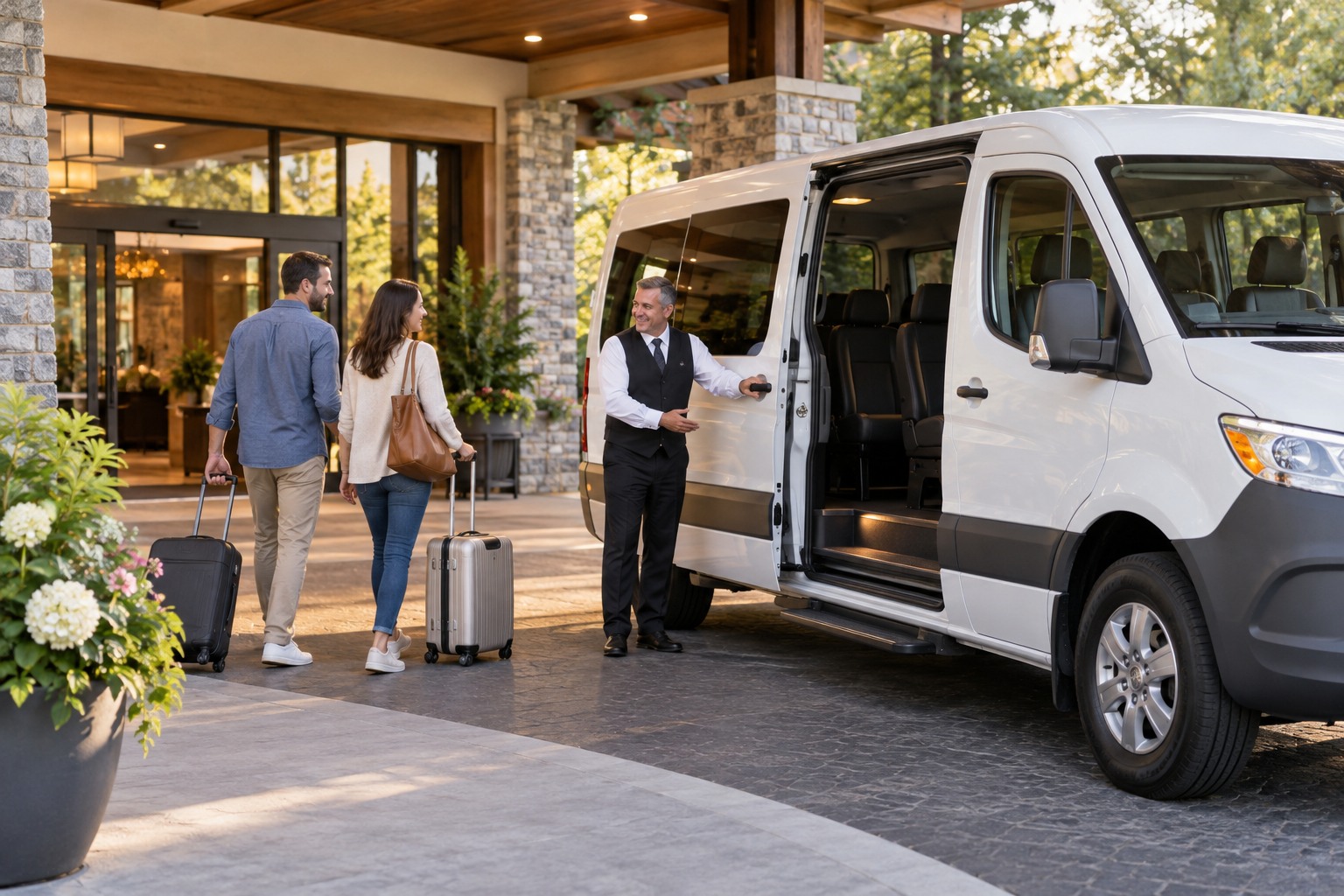 A hotel shuttle waiting outside a lodging entrance