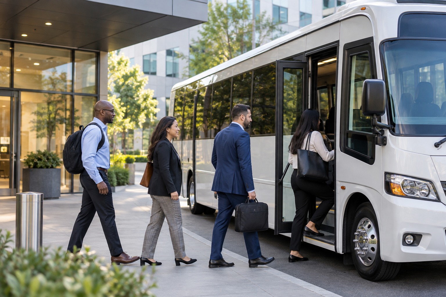 Empleados abordan un shuttle laboral en la entrada de una empresa