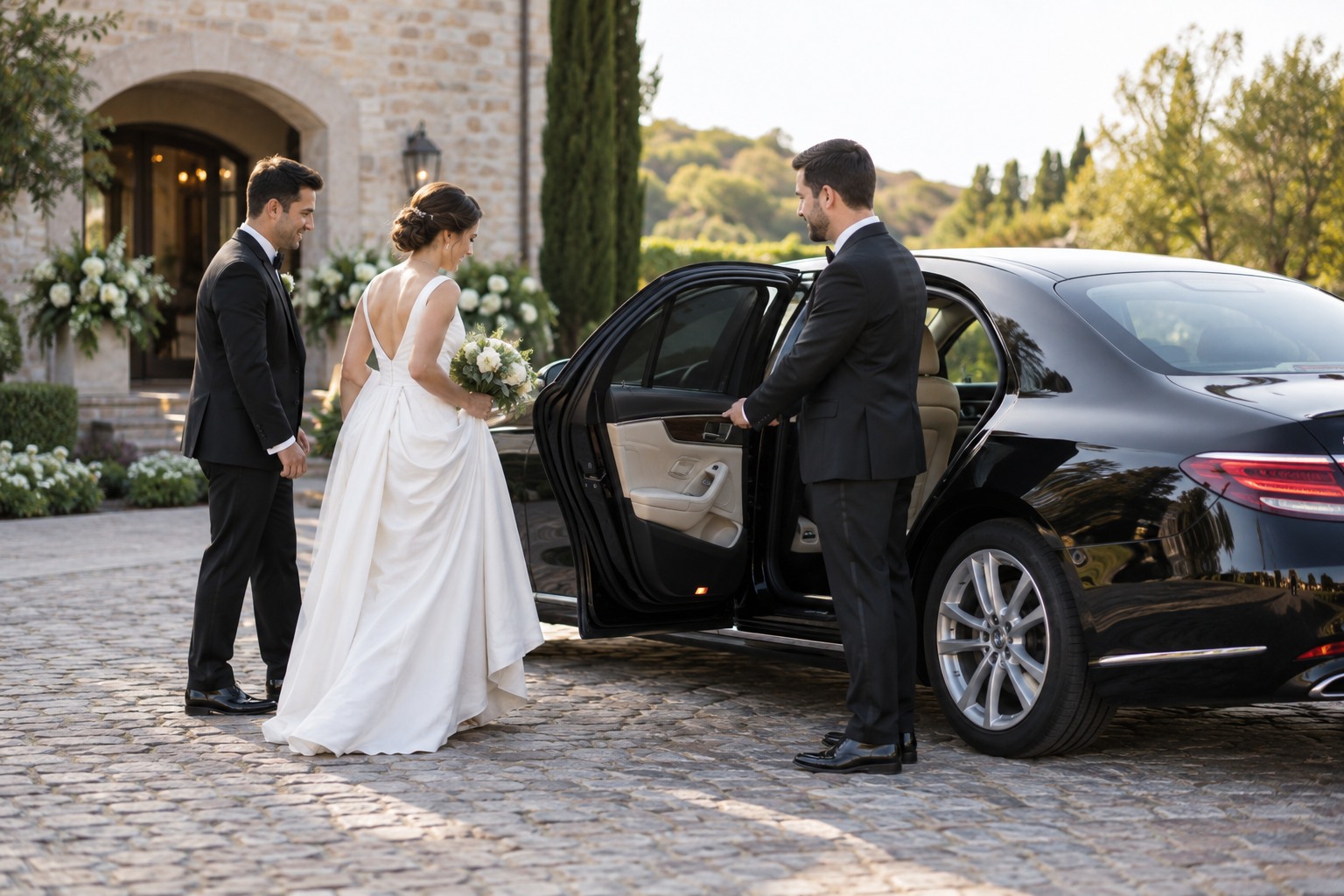 A car waiting at a wedding venue as the couple prepares to board