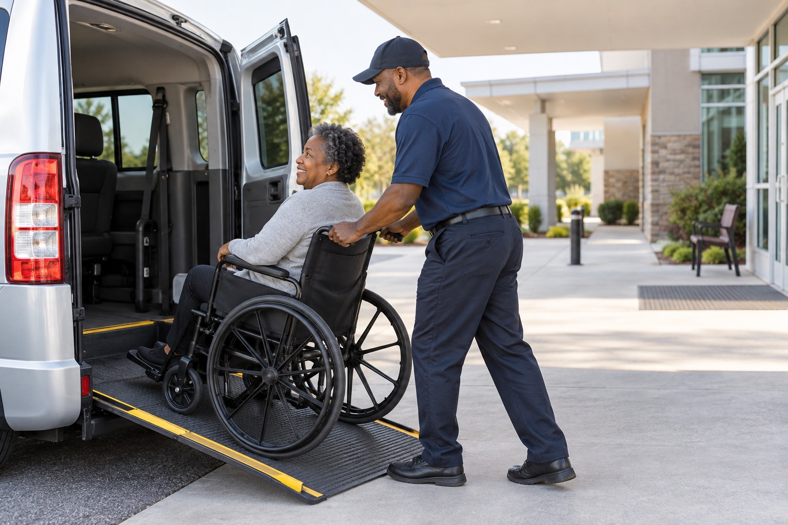 Un conductor ayuda a una adulta en silla de ruedas junto a una camioneta accesible en una clínica