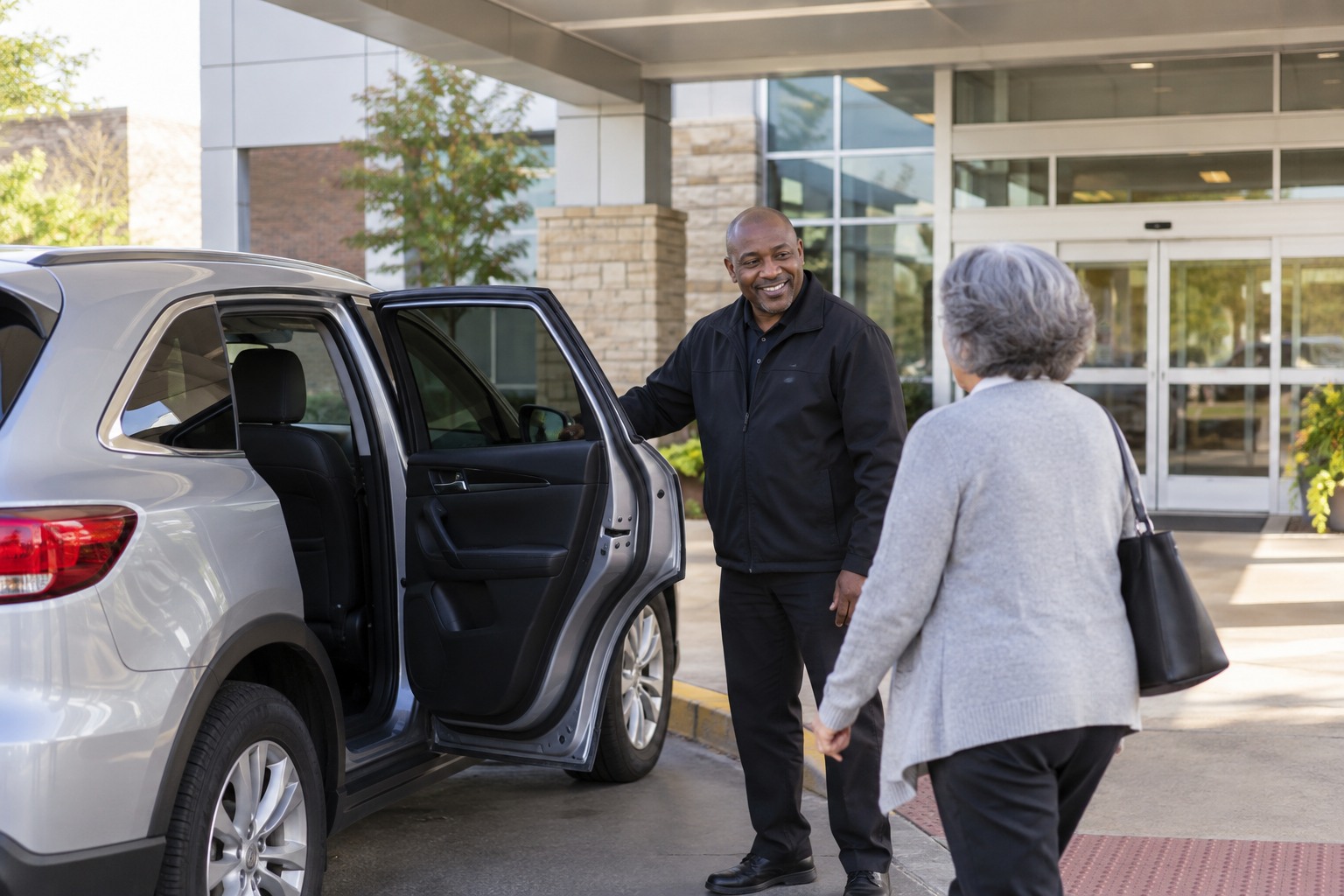 A driver greeting a passenger beside a vehicle outside a clinic entrance