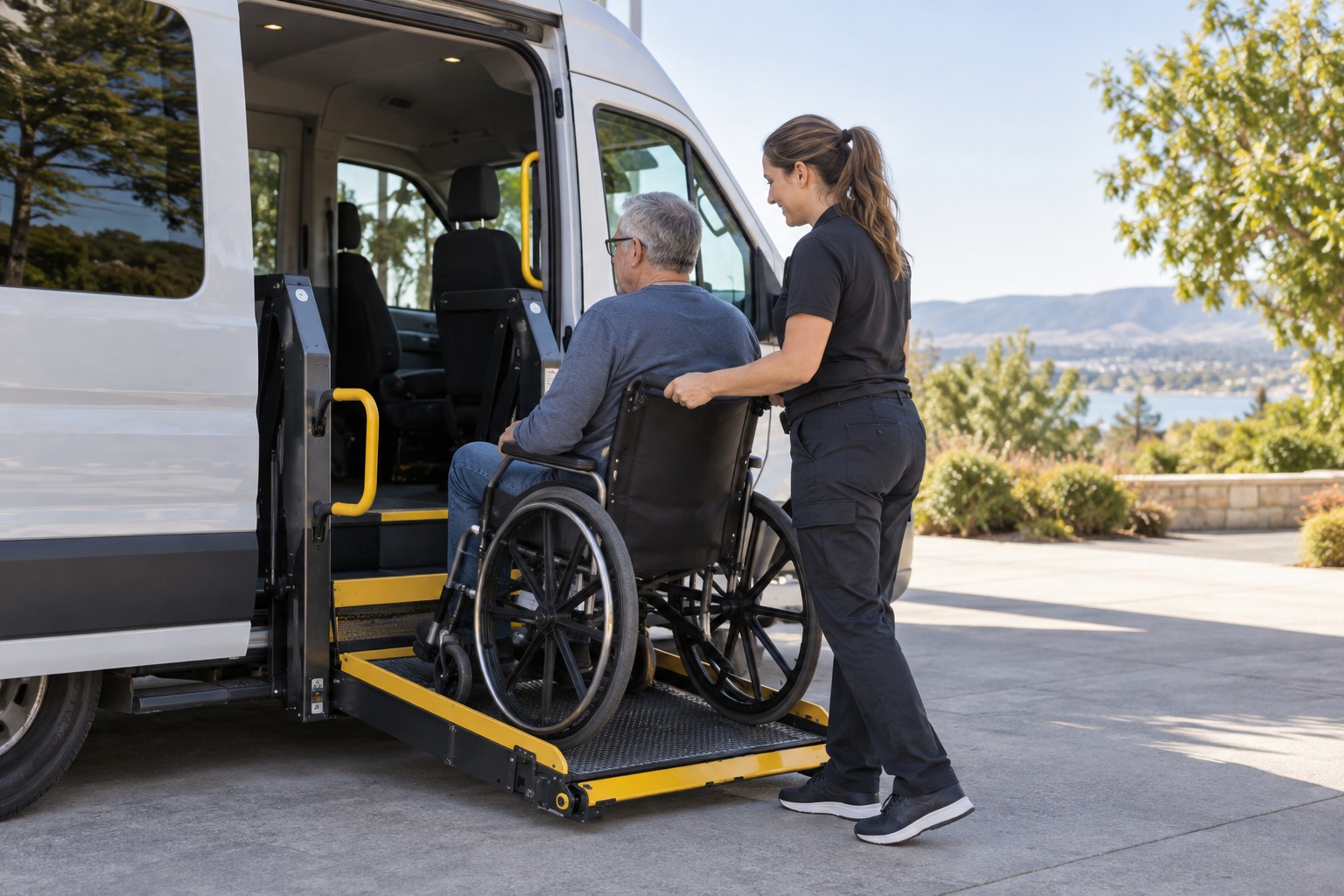 An adult boarding a wheelchair-accessible van lift with an attendant