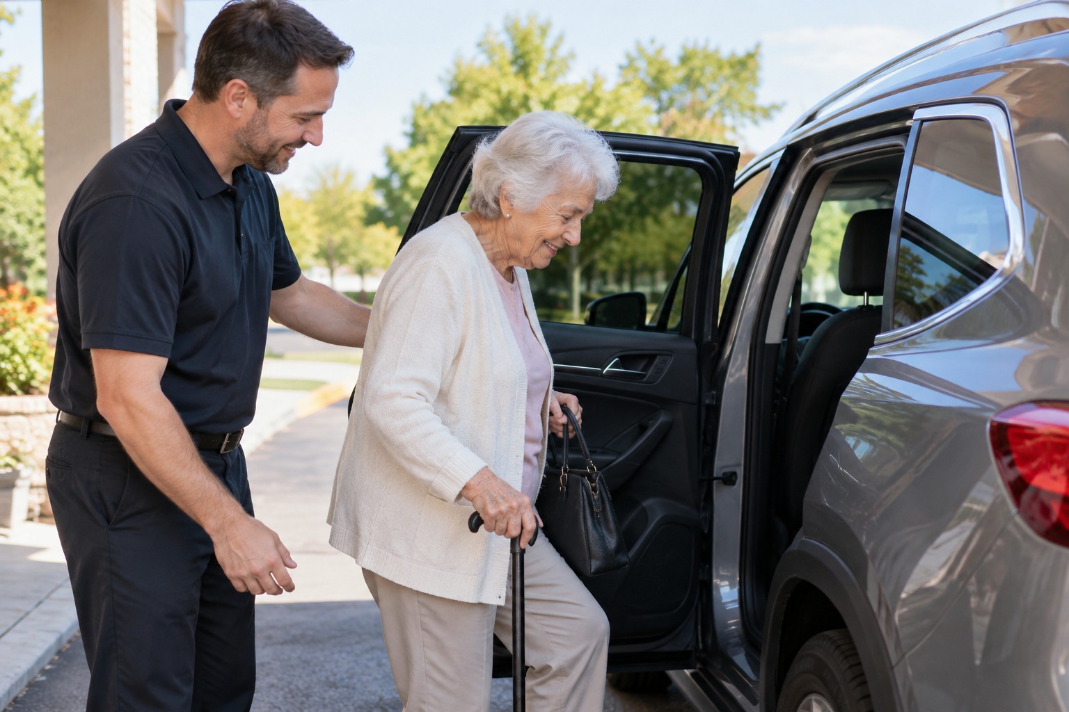 A driver helping an older adult into a passenger vehicle
